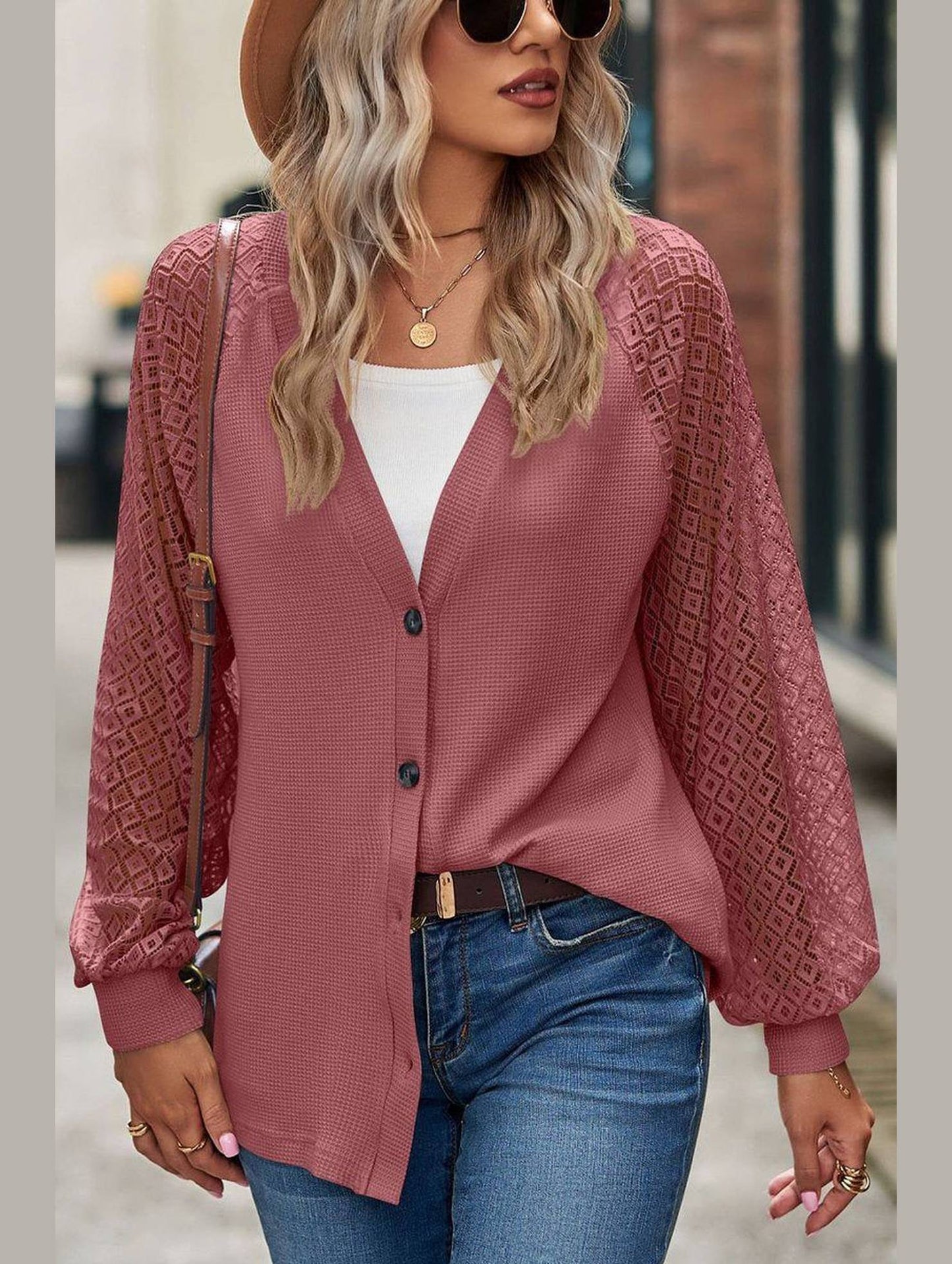 WOMEN LACE TRIM SLEEVED BUTTON UP SHIRT