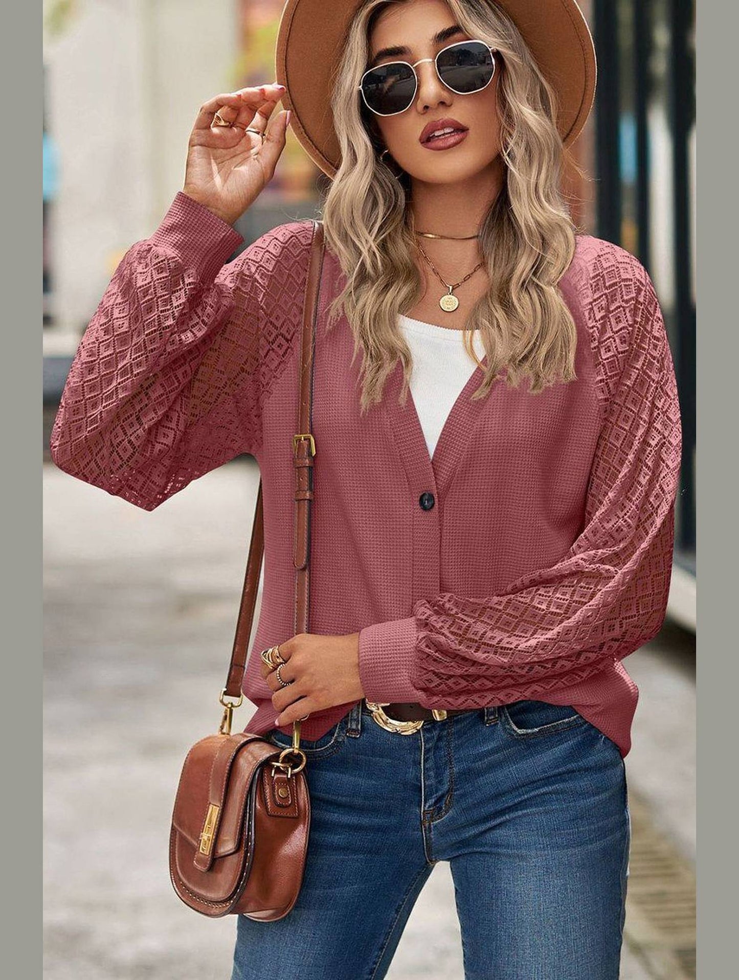 WOMEN LACE TRIM SLEEVED BUTTON UP SHIRT