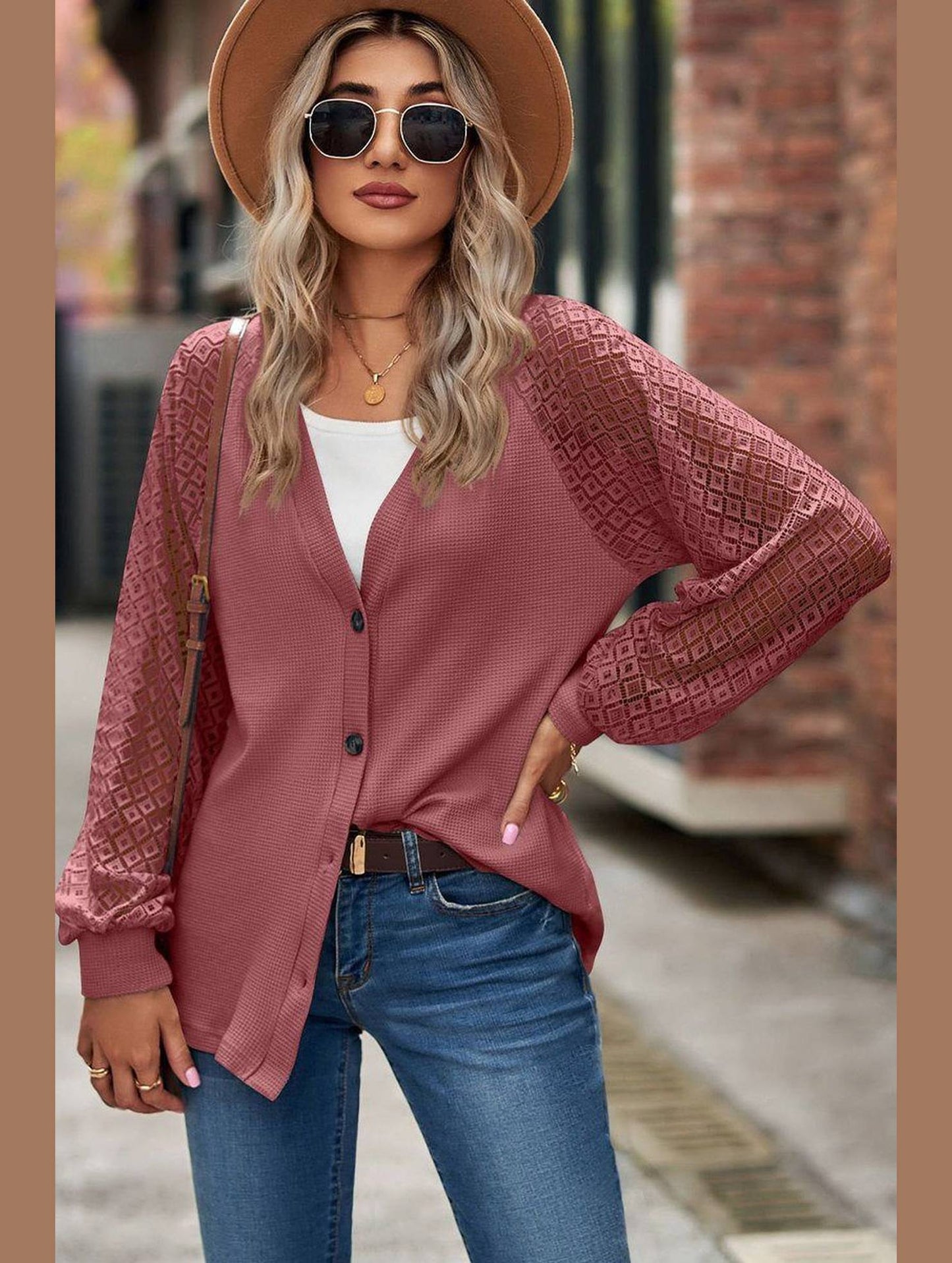 WOMEN LACE TRIM SLEEVED BUTTON UP SHIRT