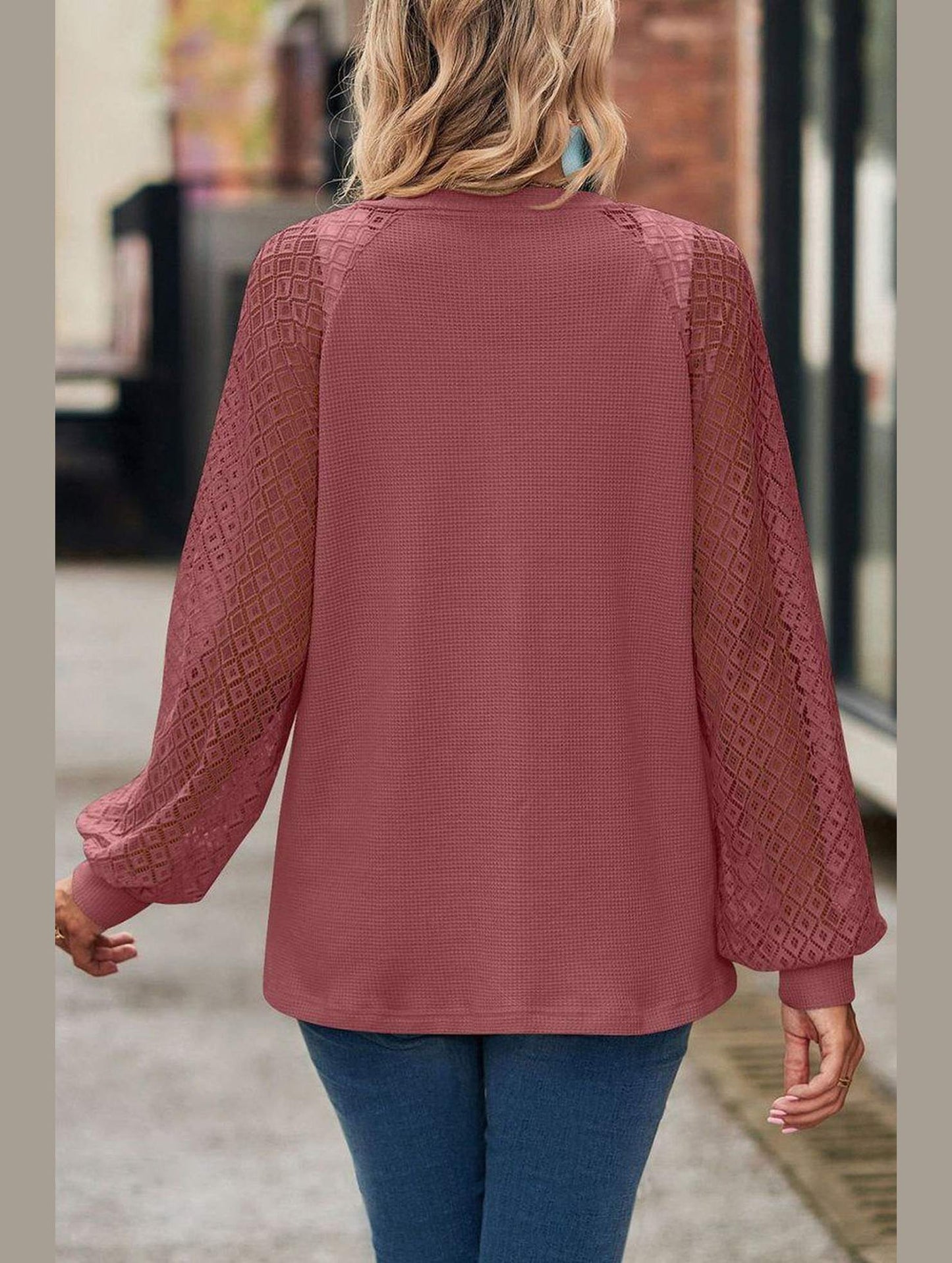 WOMEN LACE TRIM SLEEVED BUTTON UP SHIRT