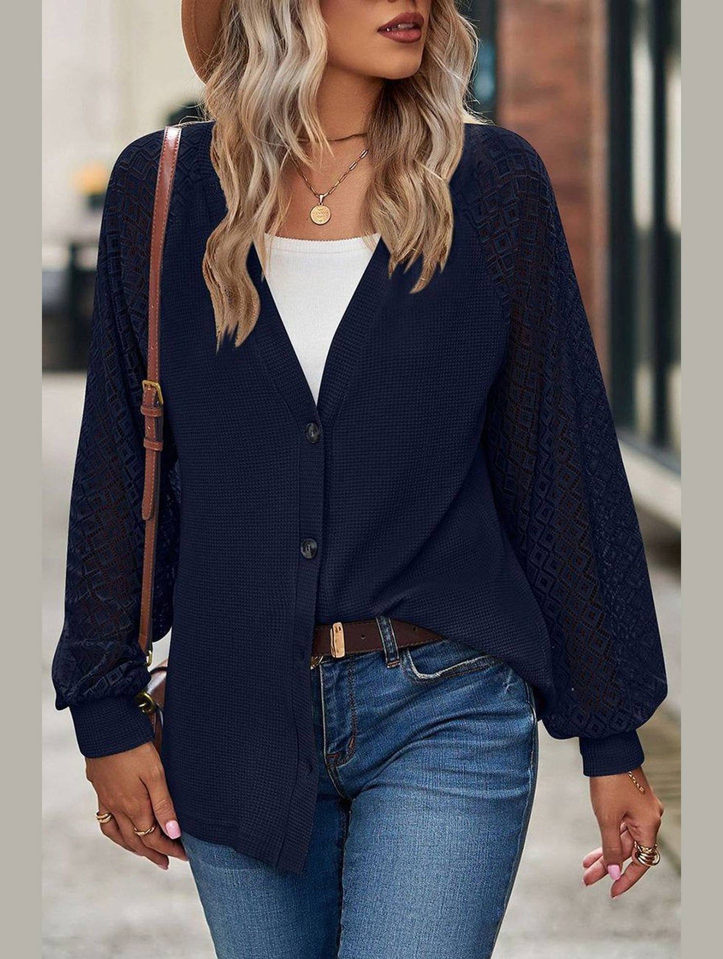 WOMEN LACE TRIM SLEEVED BUTTON UP SHIRT
