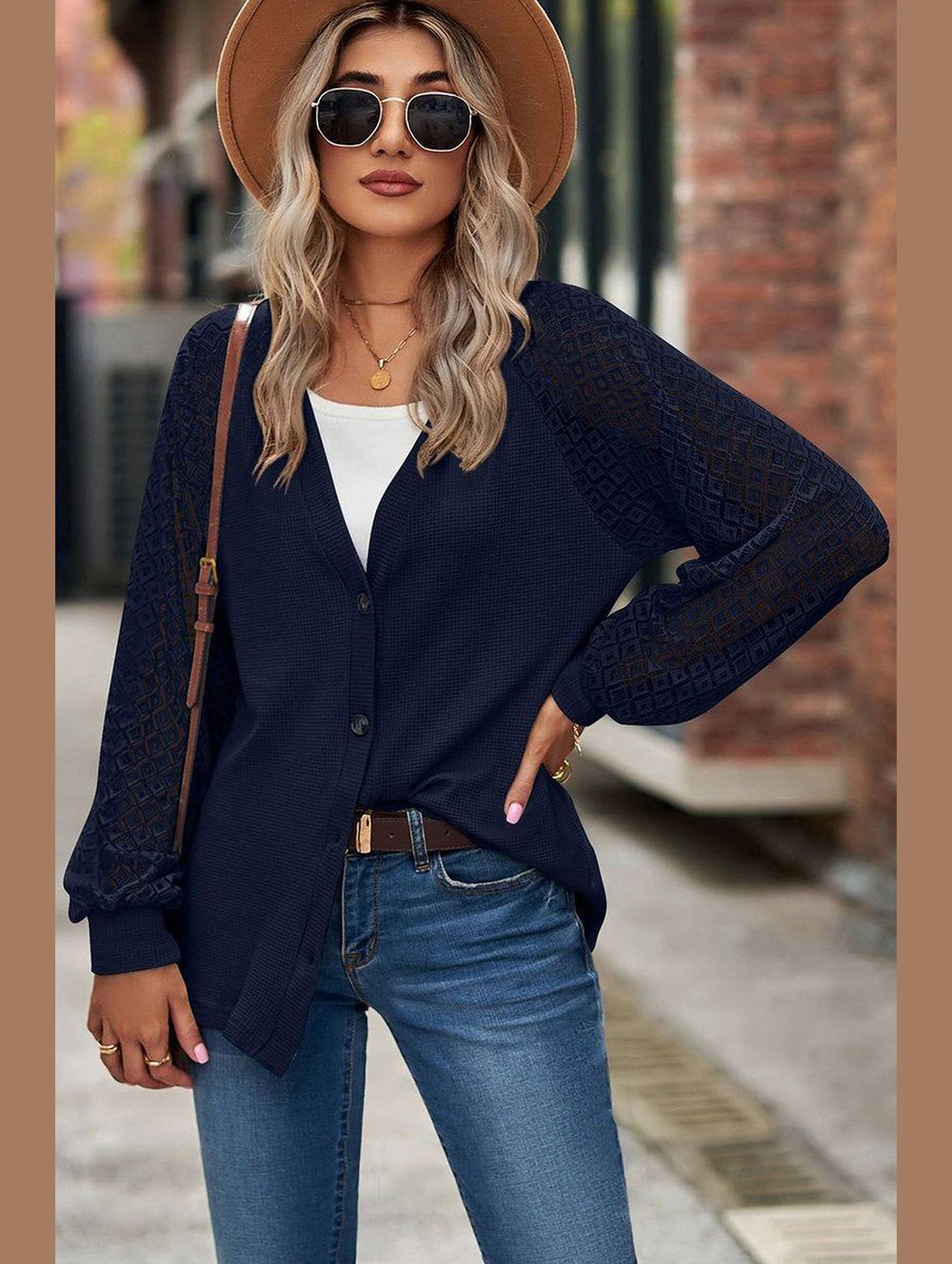 WOMEN LACE TRIM SLEEVED BUTTON UP SHIRT