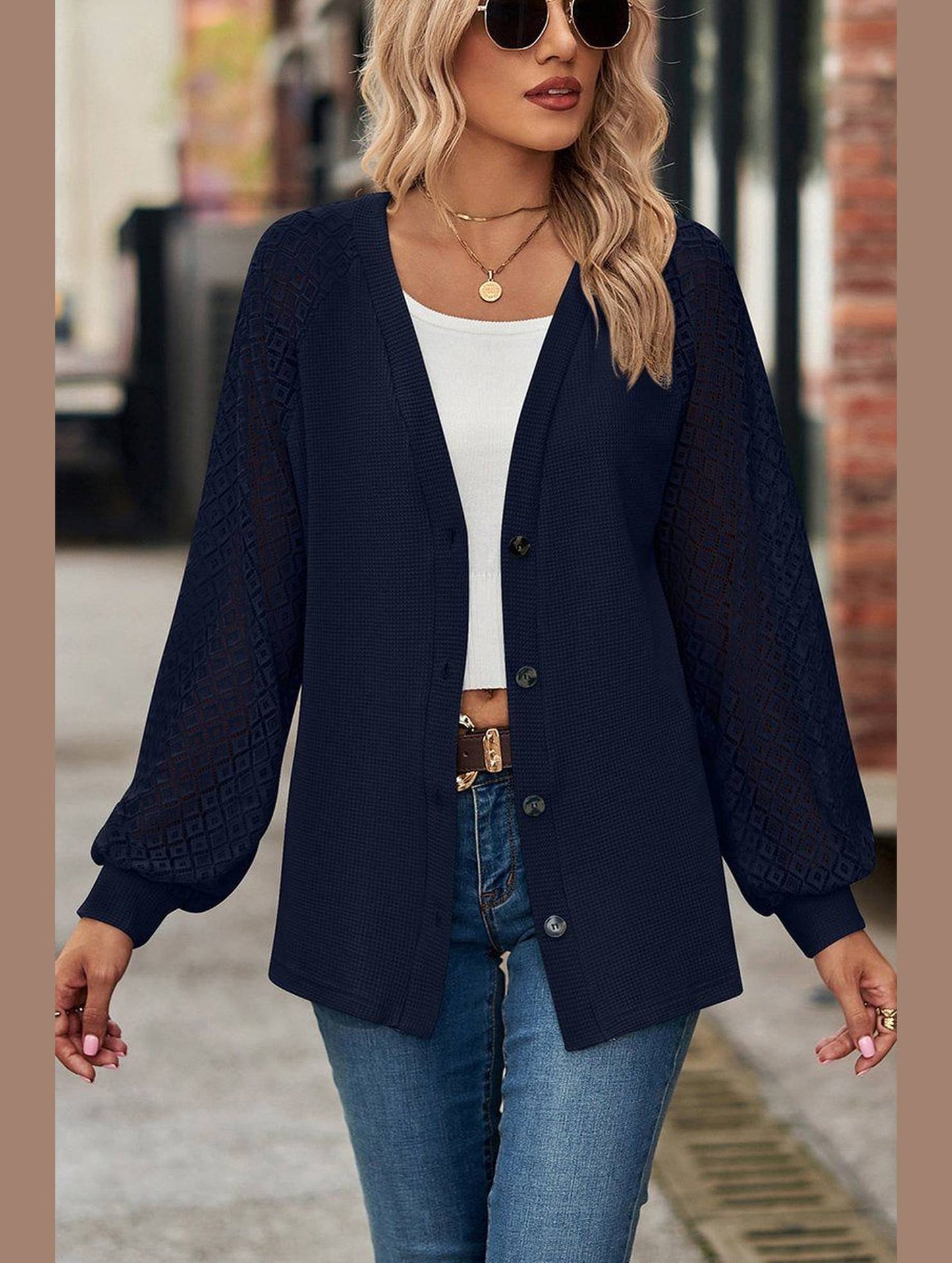 WOMEN LACE TRIM SLEEVED BUTTON UP SHIRT