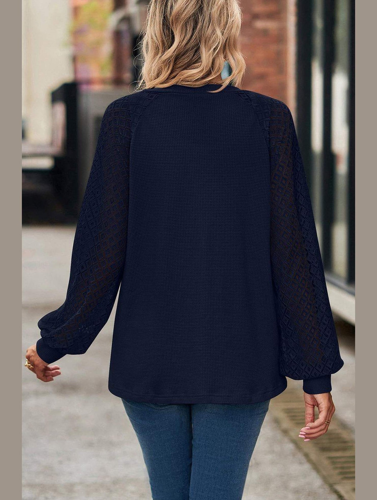 WOMEN LACE TRIM SLEEVED BUTTON UP SHIRT