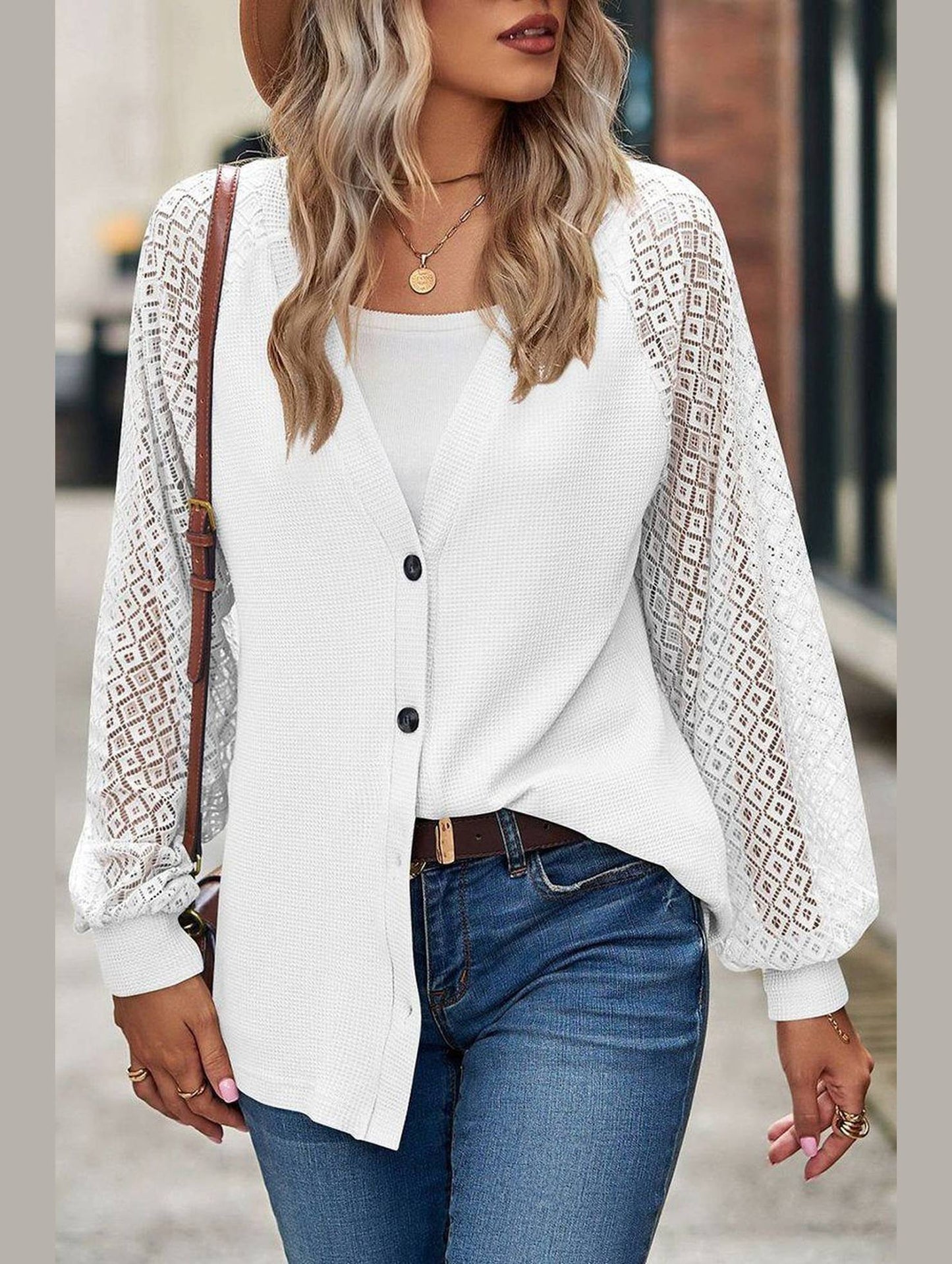 WOMEN LACE TRIM SLEEVED BUTTON UP SHIRT