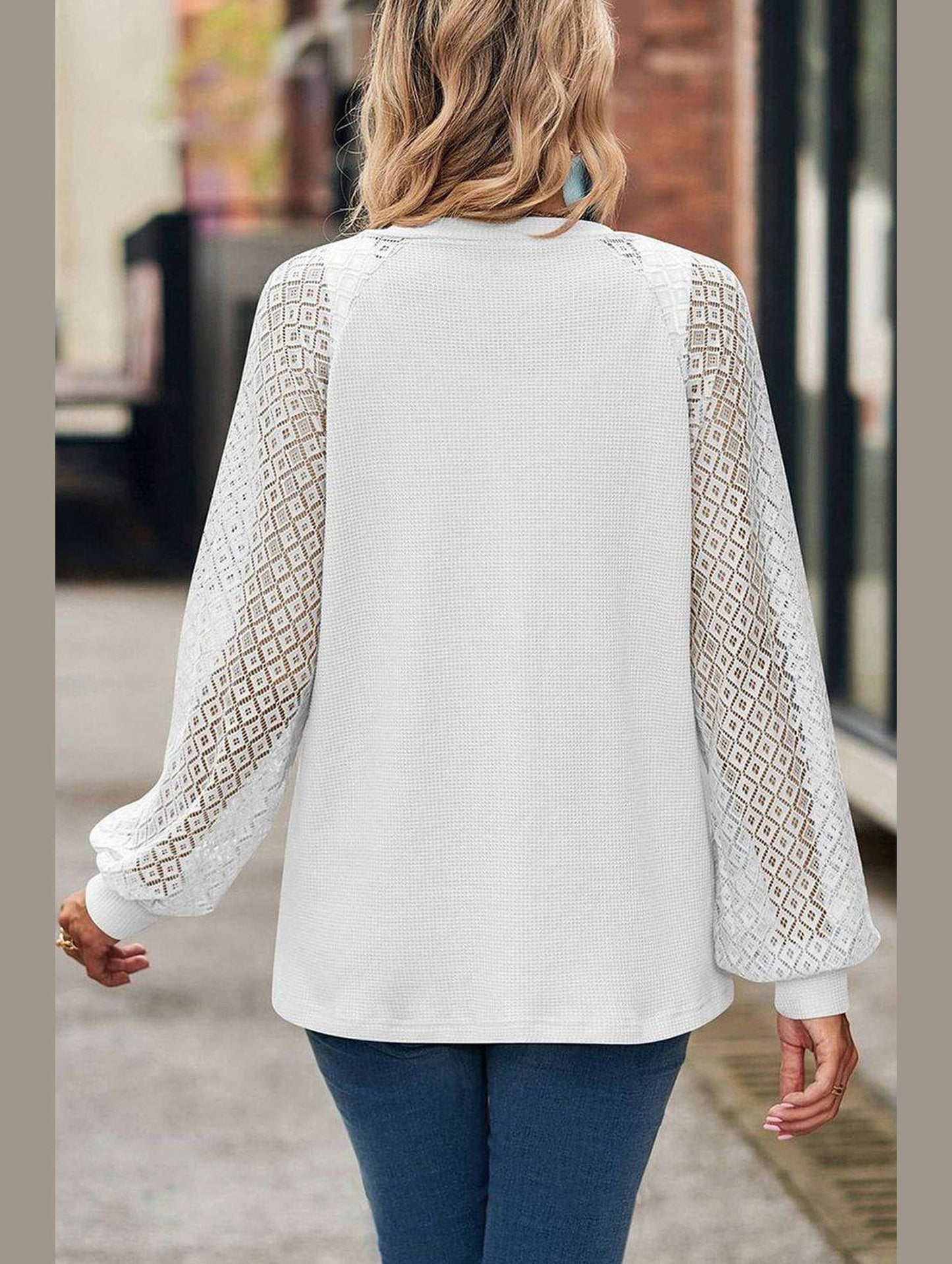 WOMEN LACE TRIM SLEEVED BUTTON UP SHIRT