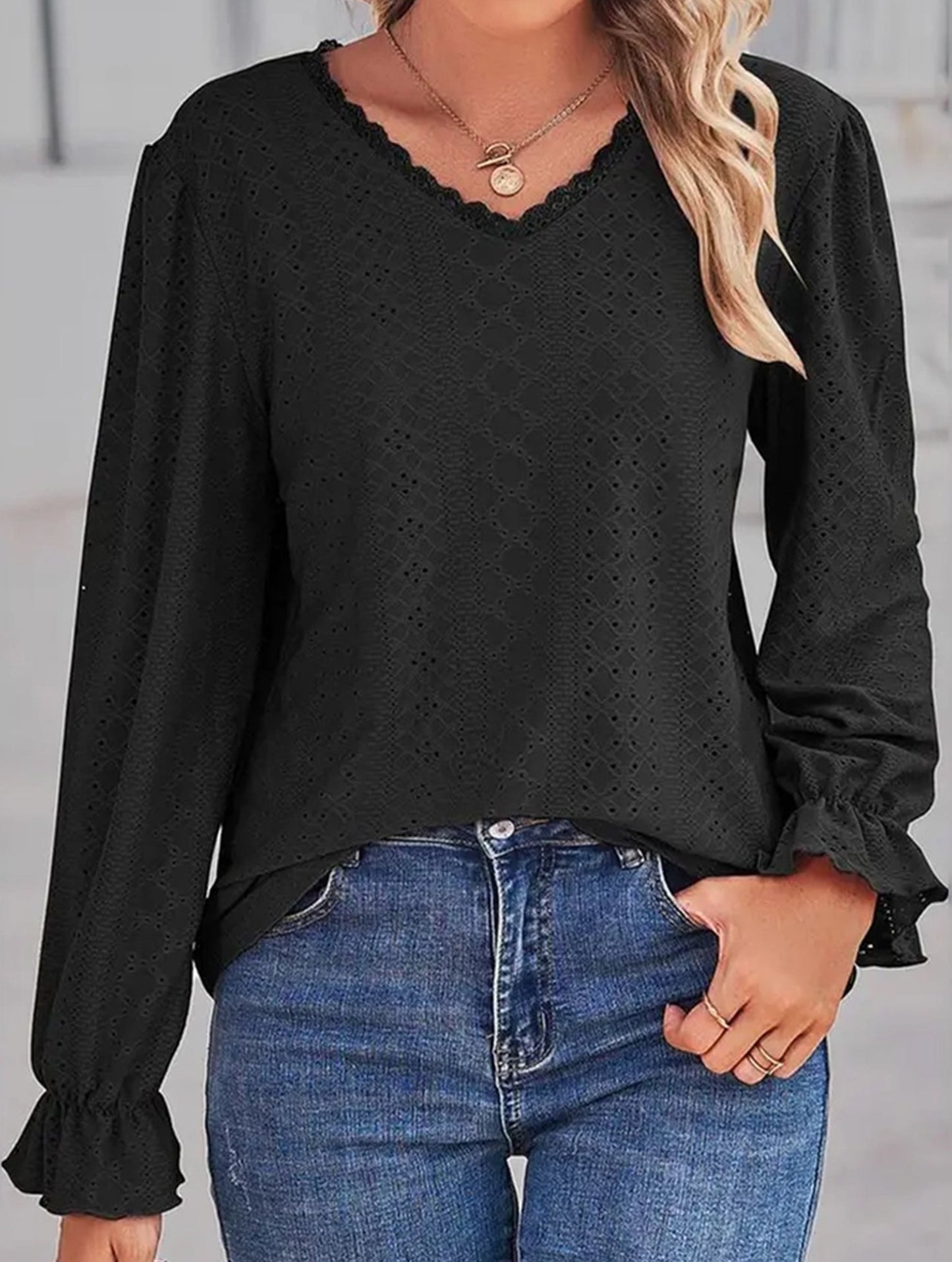 WOMEN LACE TRIM NECK EYELET LONG SLEEVE SHIRT TOP