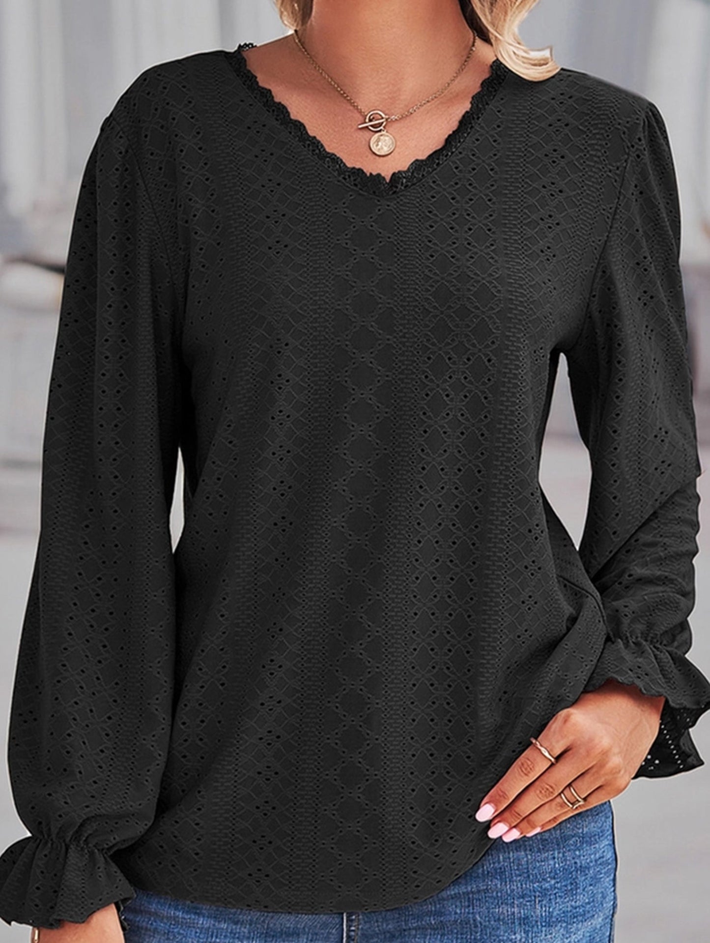 WOMEN LACE TRIM NECK EYELET LONG SLEEVE SHIRT TOP