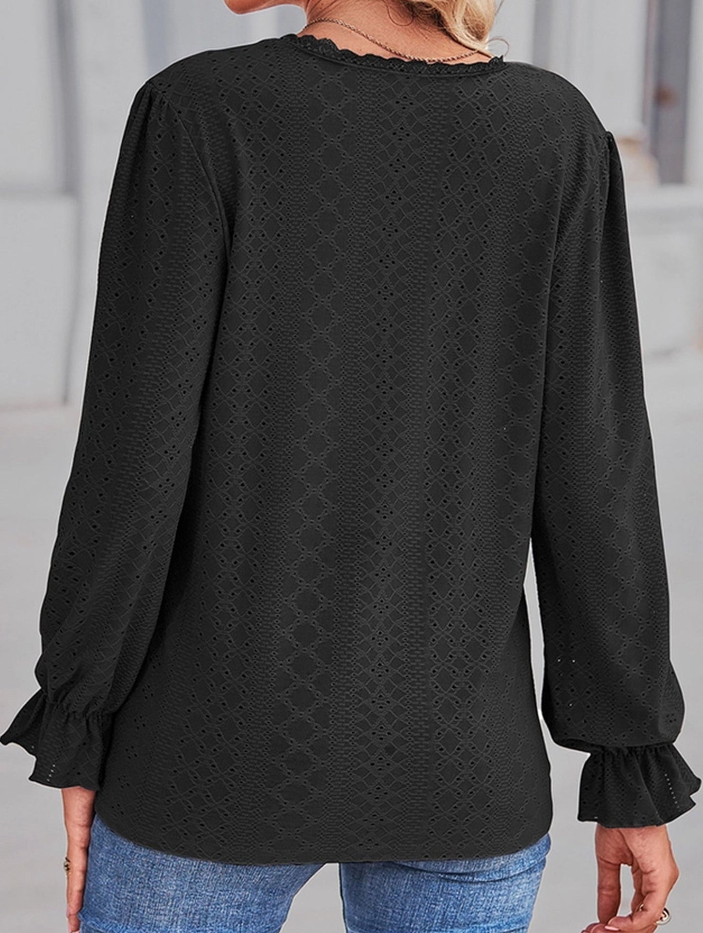 WOMEN LACE TRIM NECK EYELET LONG SLEEVE SHIRT TOP