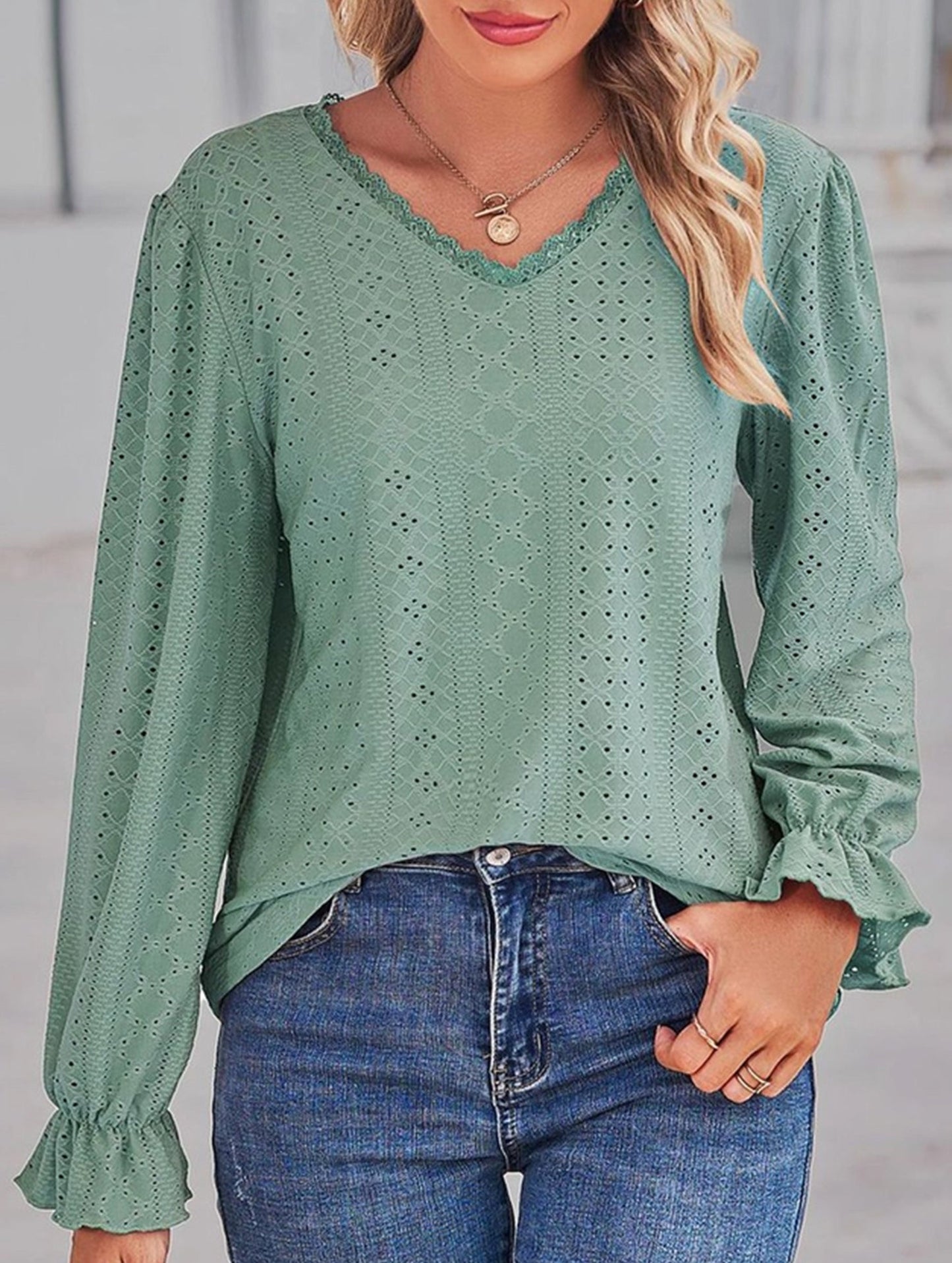WOMEN LACE TRIM NECK EYELET LONG SLEEVE SHIRT TOP