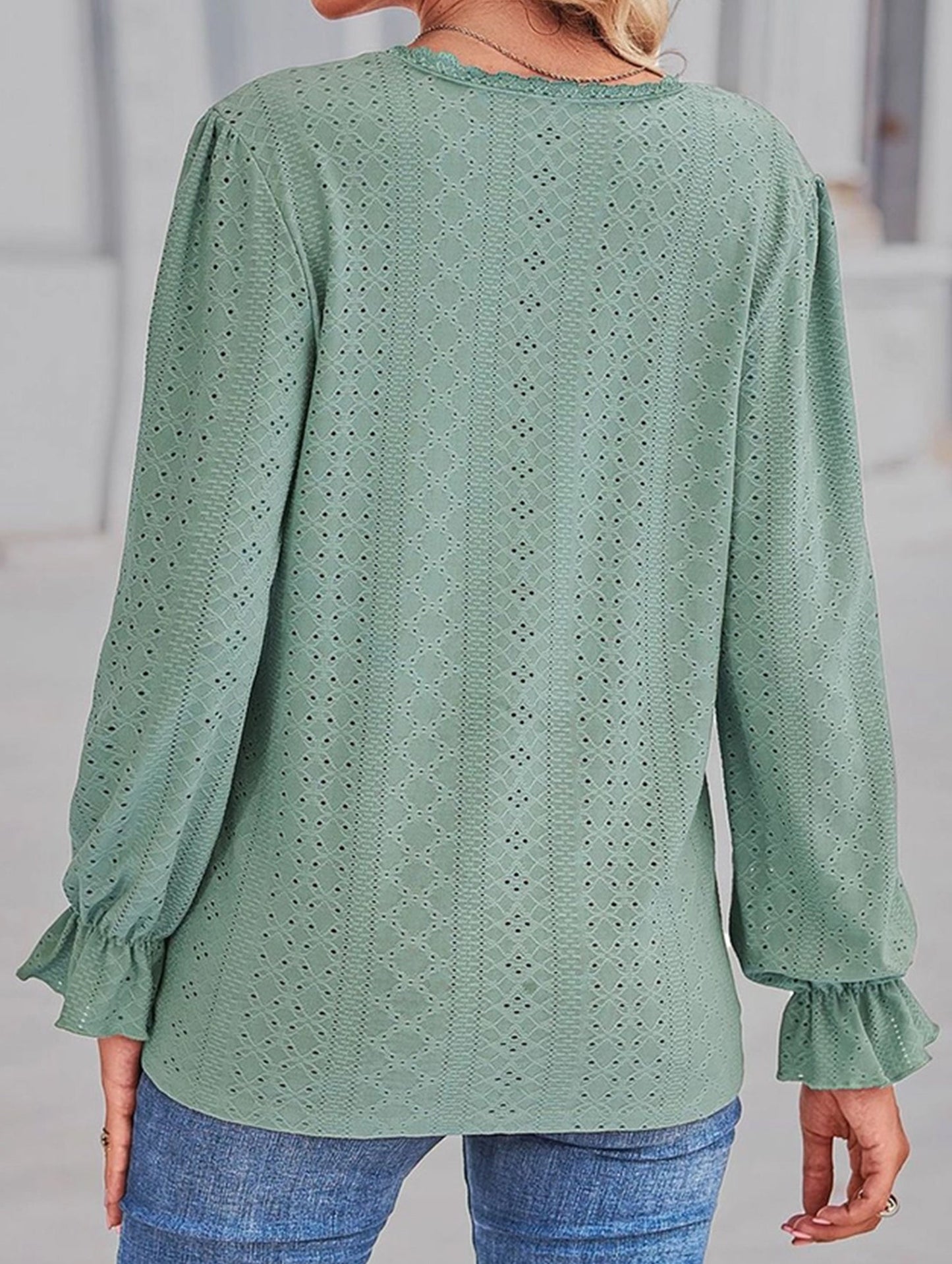 WOMEN LACE TRIM NECK EYELET LONG SLEEVE SHIRT TOP