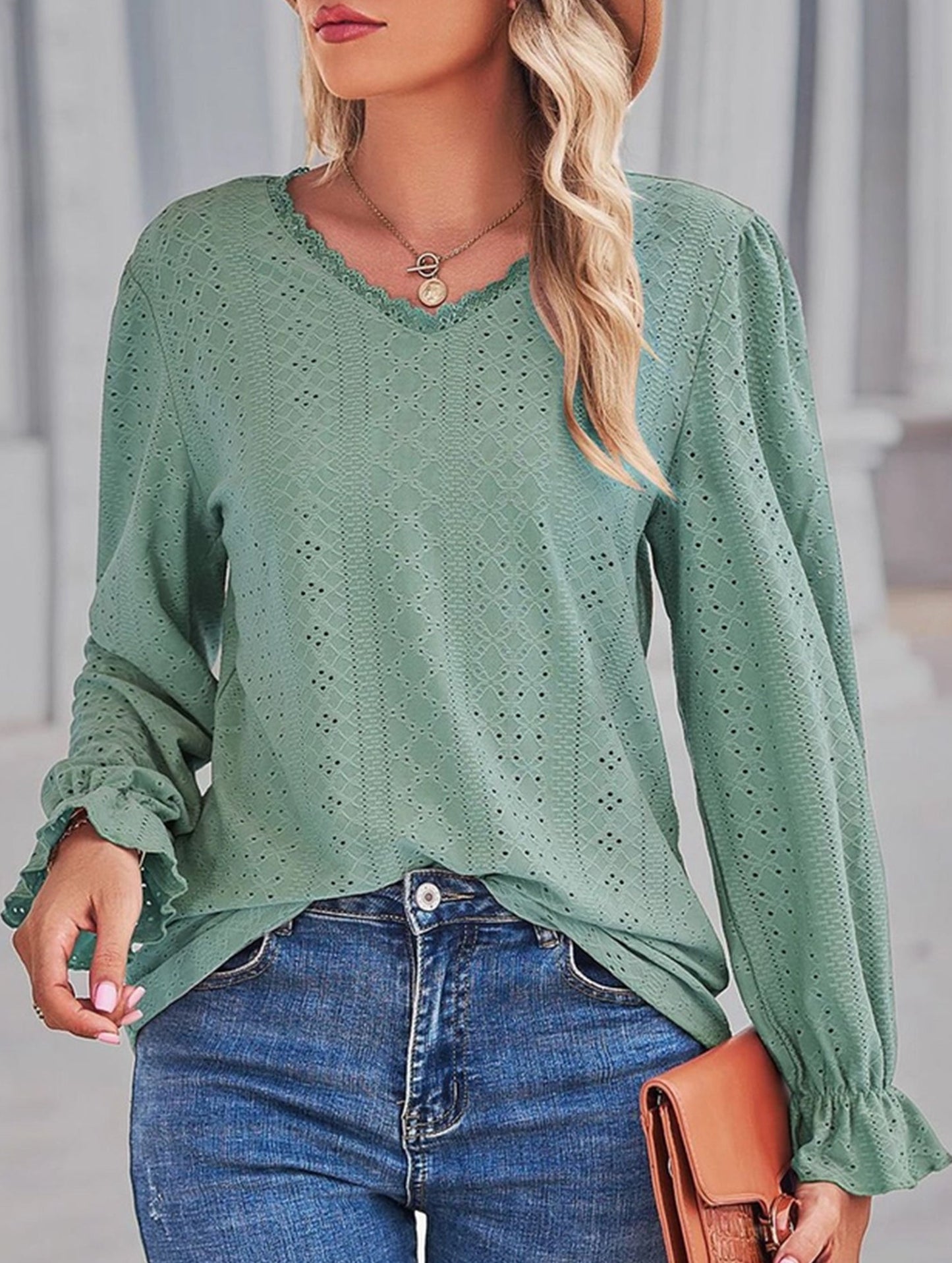 WOMEN LACE TRIM NECK EYELET LONG SLEEVE SHIRT TOP