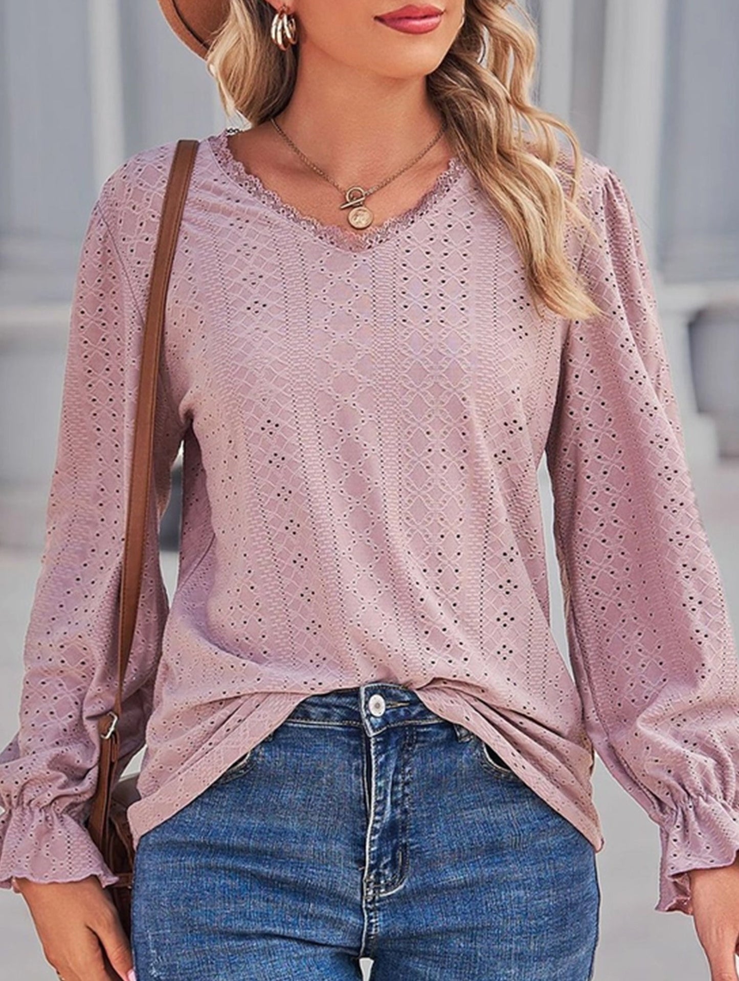 WOMEN LACE TRIM NECK EYELET LONG SLEEVE SHIRT TOP