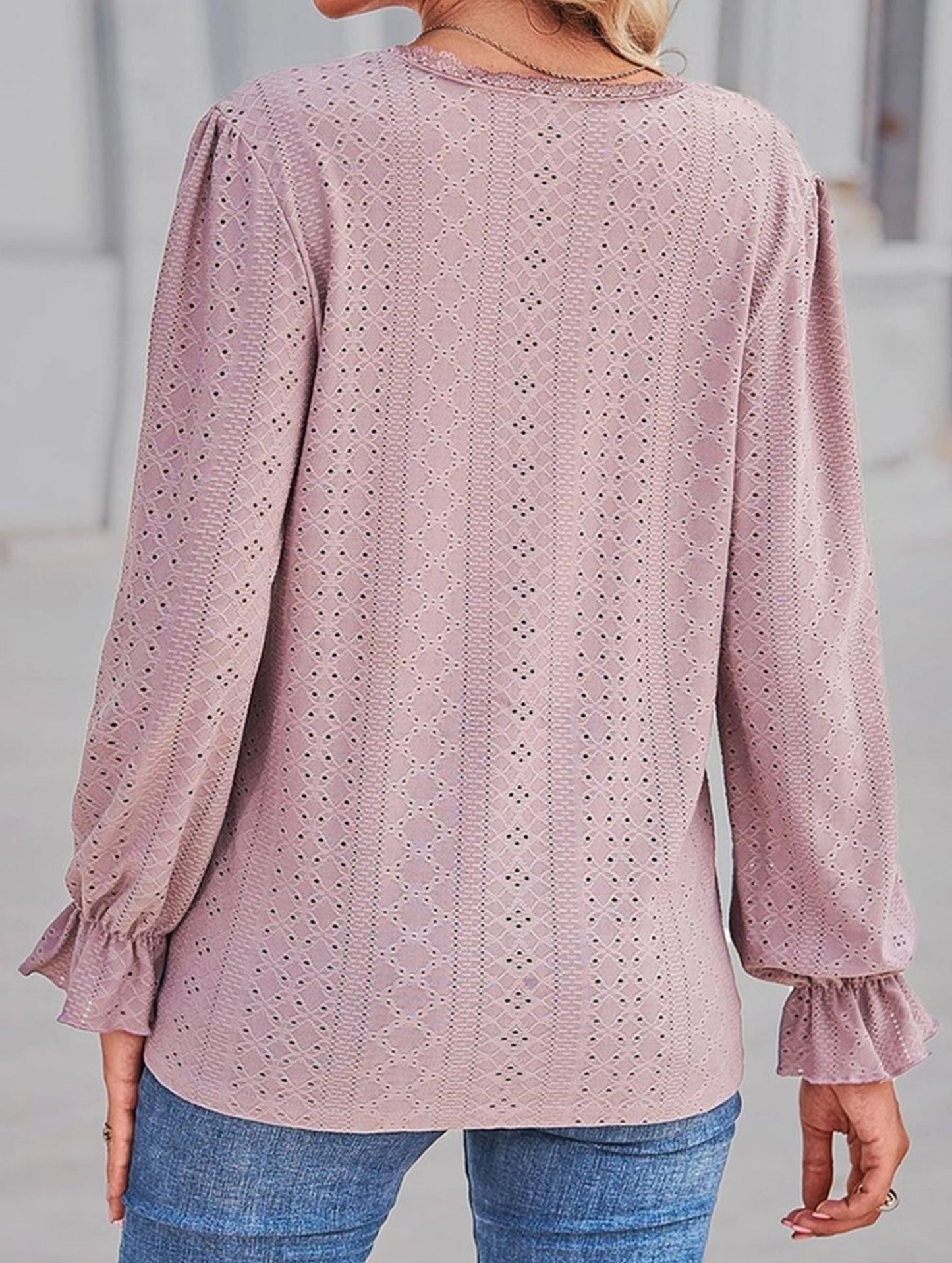 WOMEN LACE TRIM NECK EYELET LONG SLEEVE SHIRT TOP