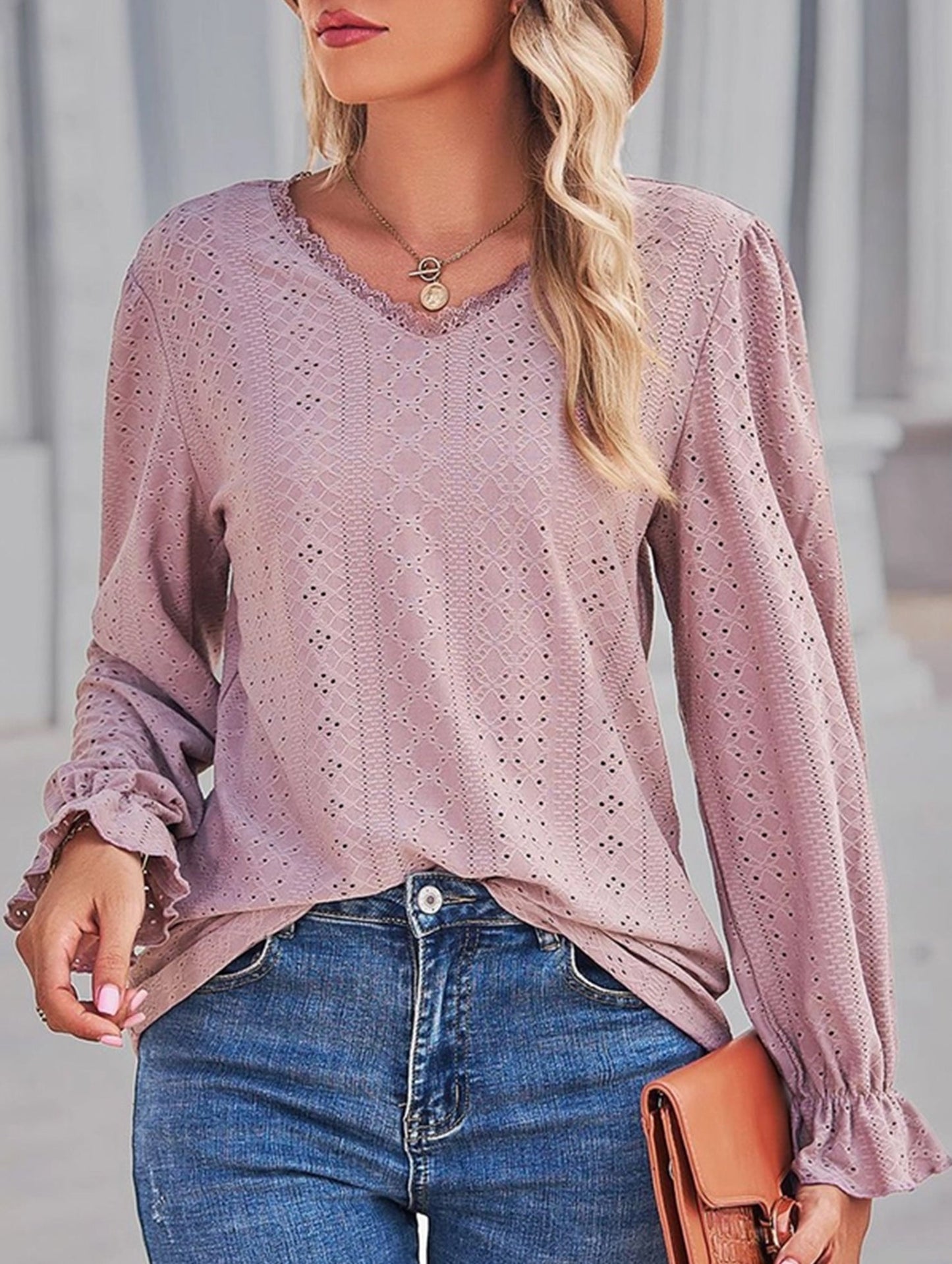 WOMEN LACE TRIM NECK EYELET LONG SLEEVE SHIRT TOP