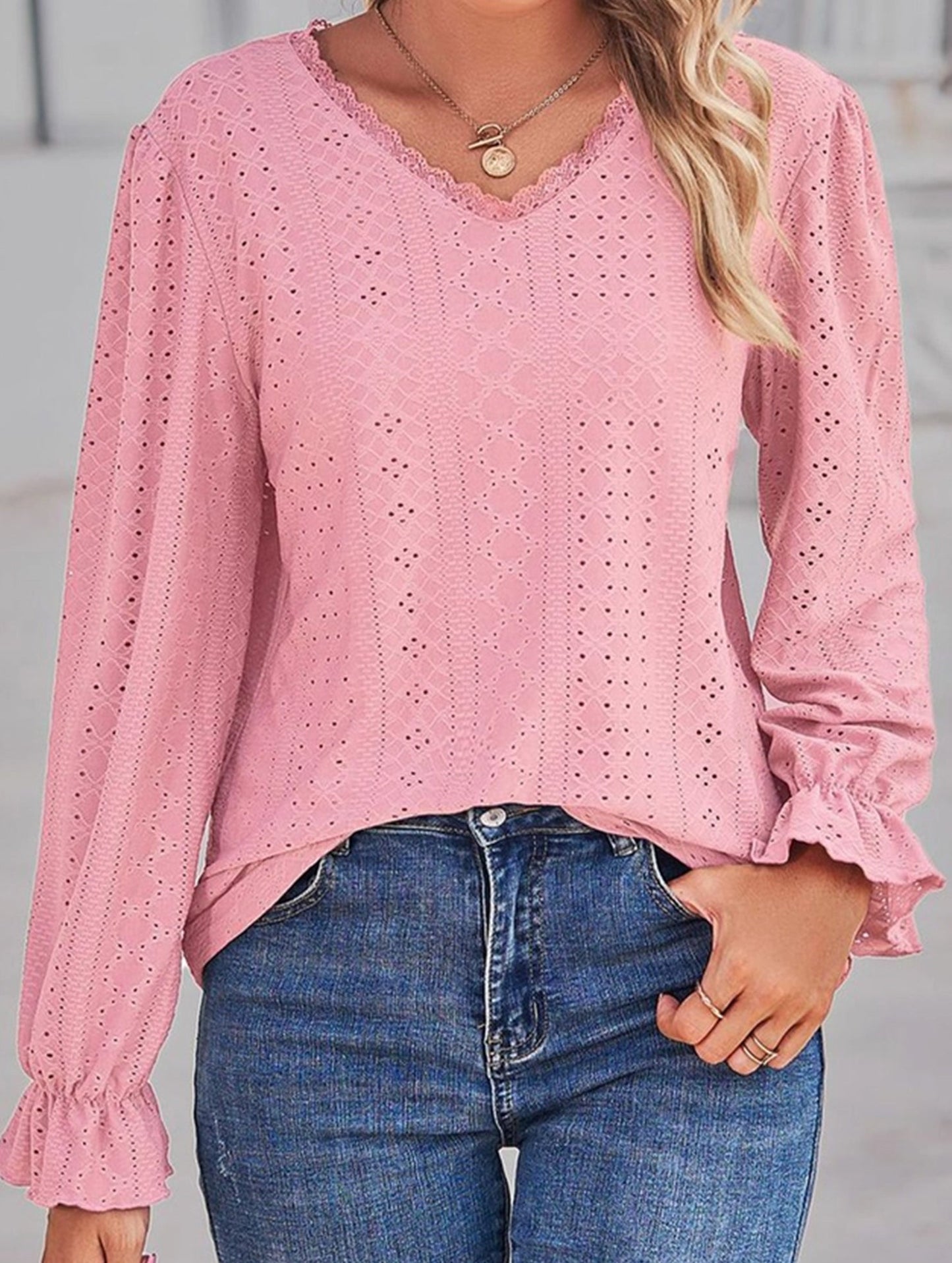 WOMEN LACE TRIM NECK EYELET LONG SLEEVE SHIRT TOP