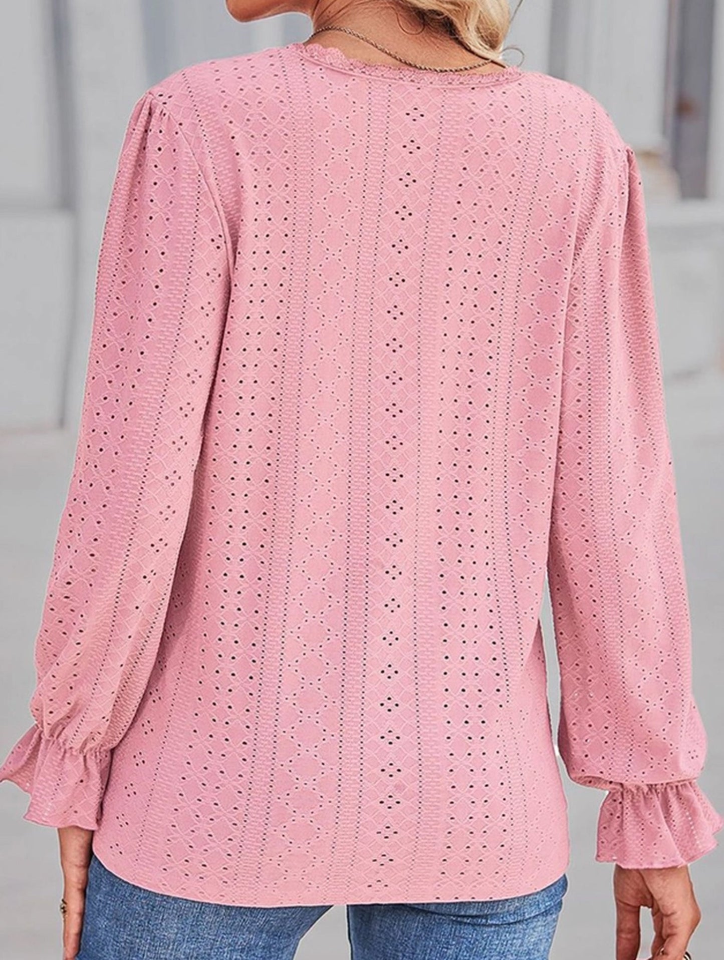 WOMEN LACE TRIM NECK EYELET LONG SLEEVE SHIRT TOP