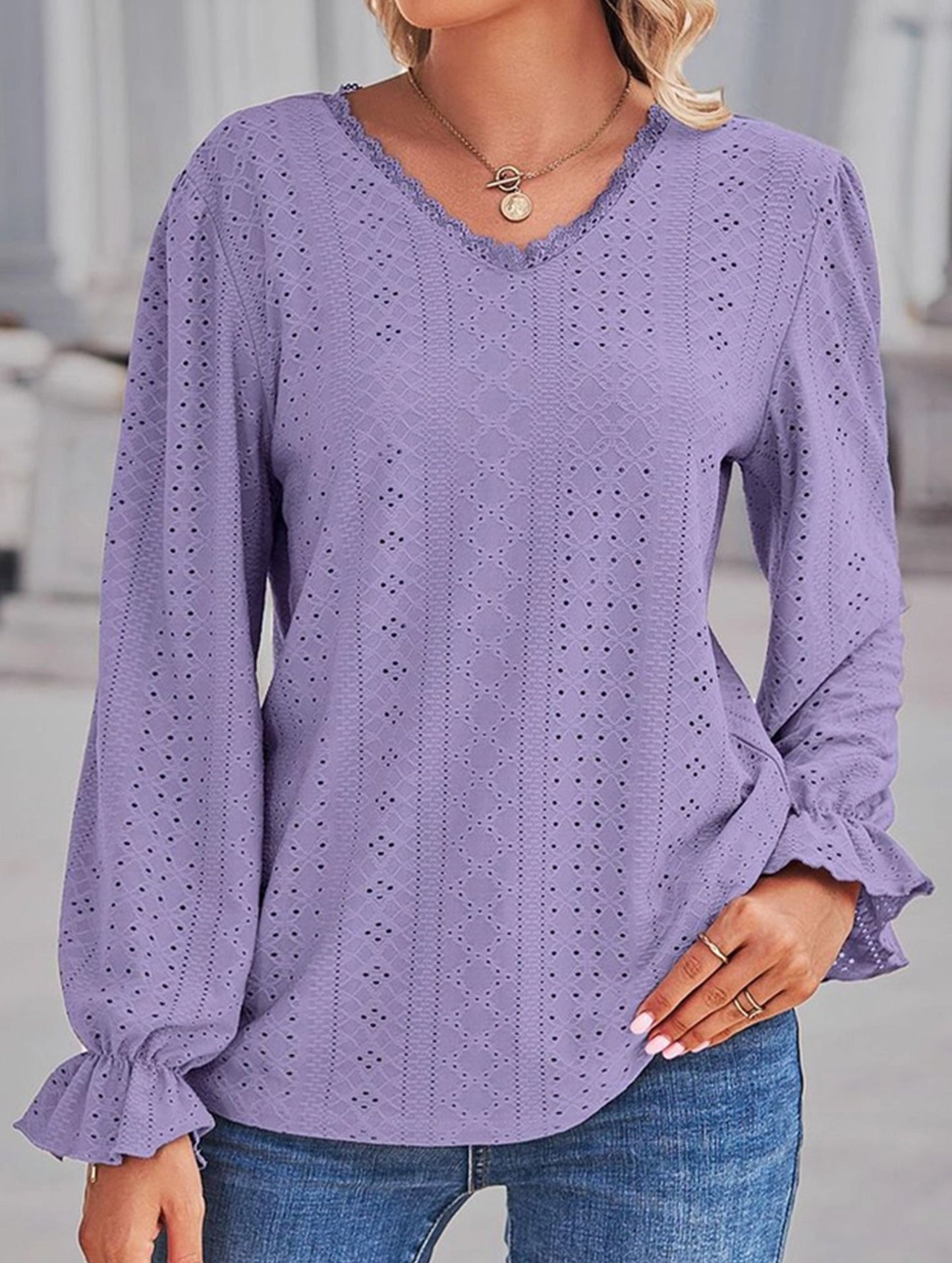 WOMEN LACE TRIM NECK EYELET LONG SLEEVE SHIRT TOP