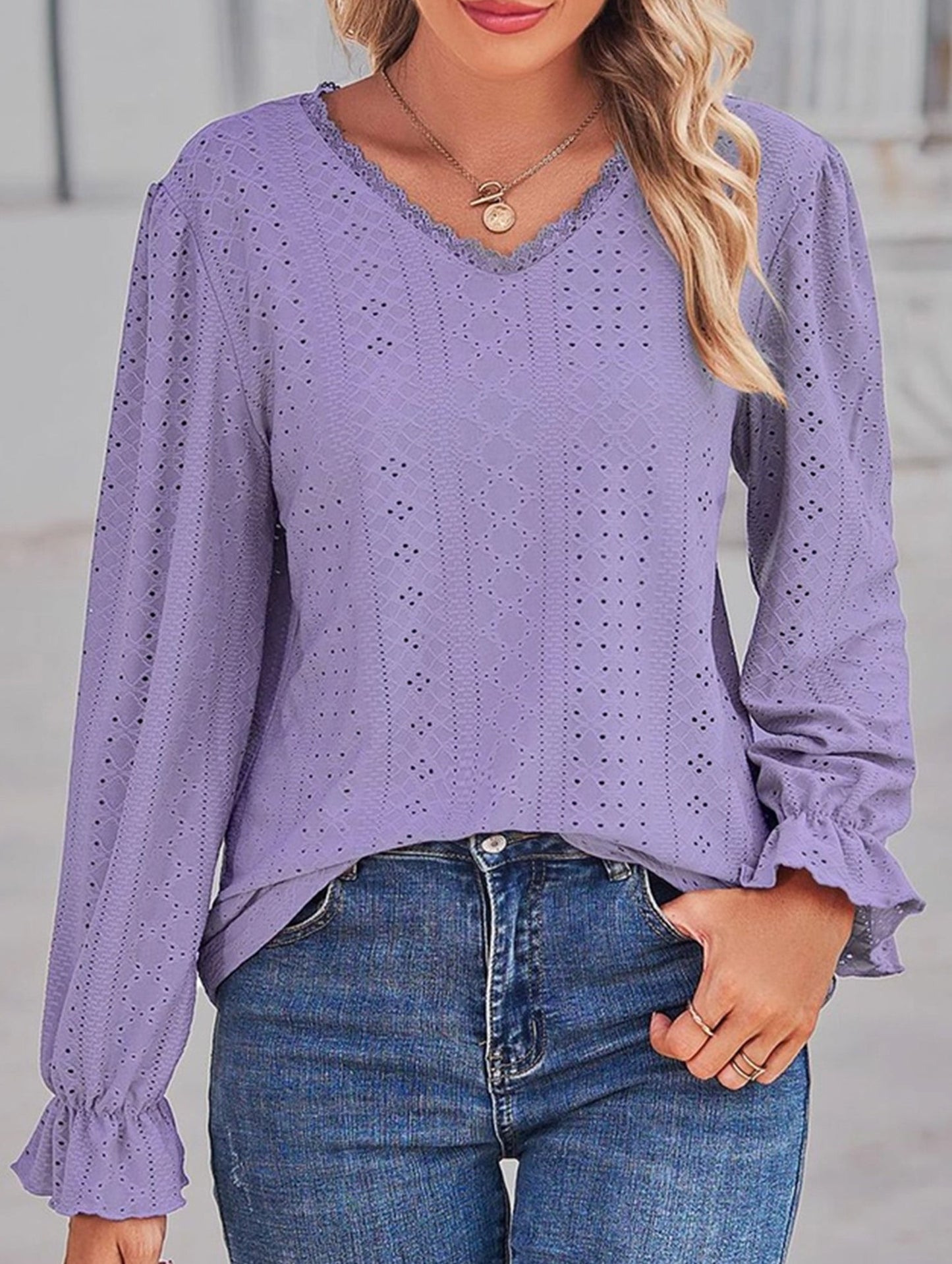 WOMEN LACE TRIM NECK EYELET LONG SLEEVE SHIRT TOP