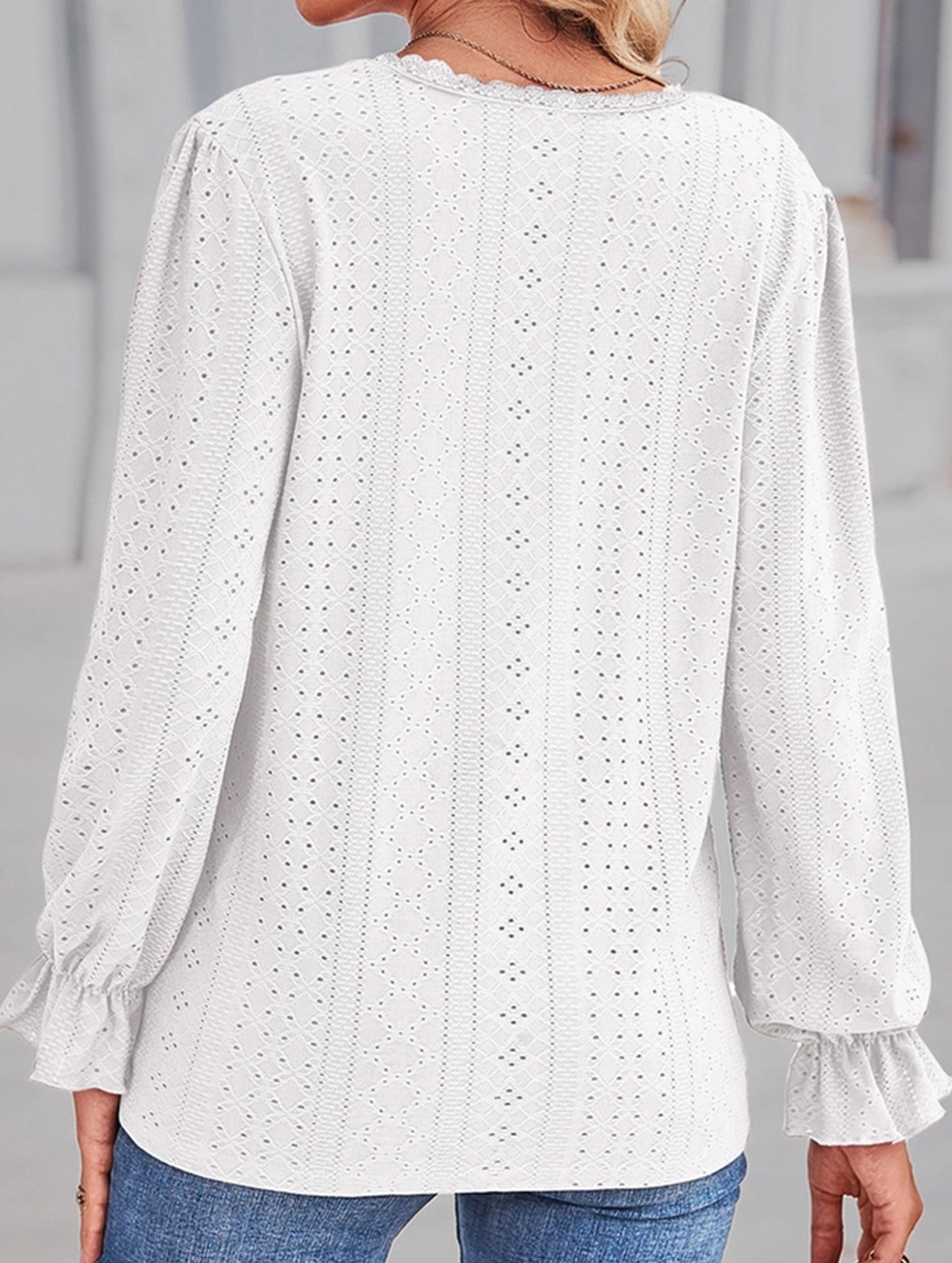 WOMEN LACE TRIM NECK EYELET LONG SLEEVE SHIRT TOP