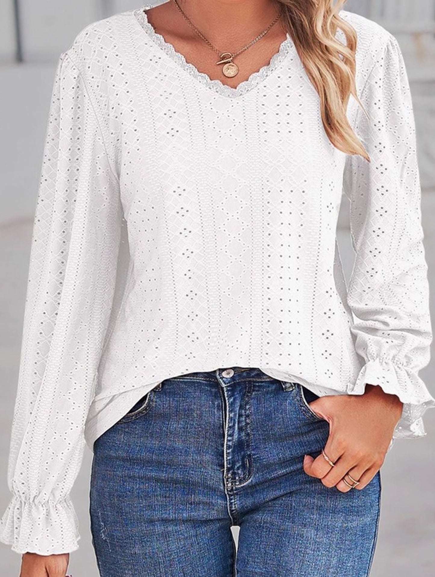 WOMEN LACE TRIM NECK EYELET LONG SLEEVE SHIRT TOP