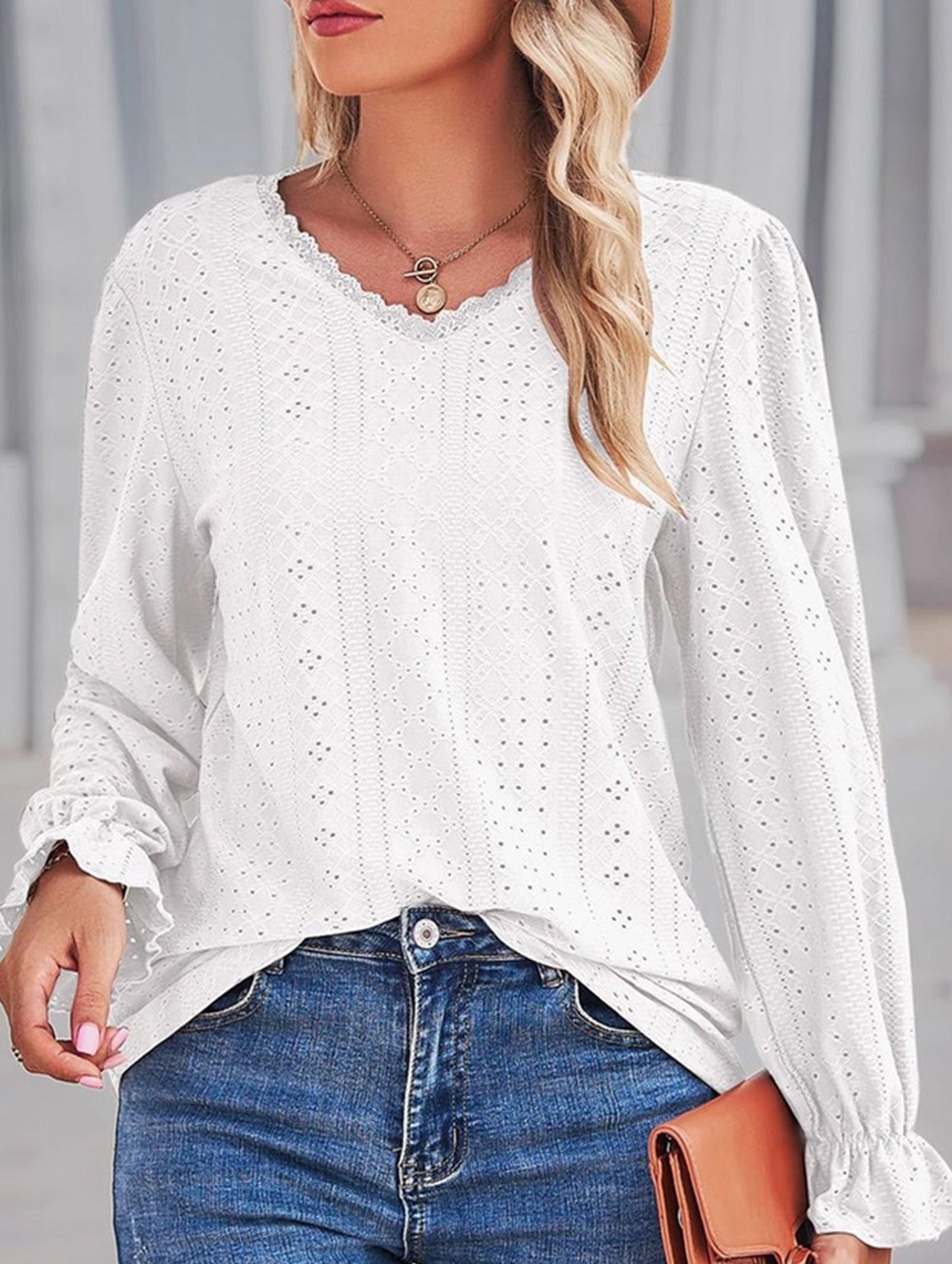 WOMEN LACE TRIM NECK EYELET LONG SLEEVE SHIRT TOP