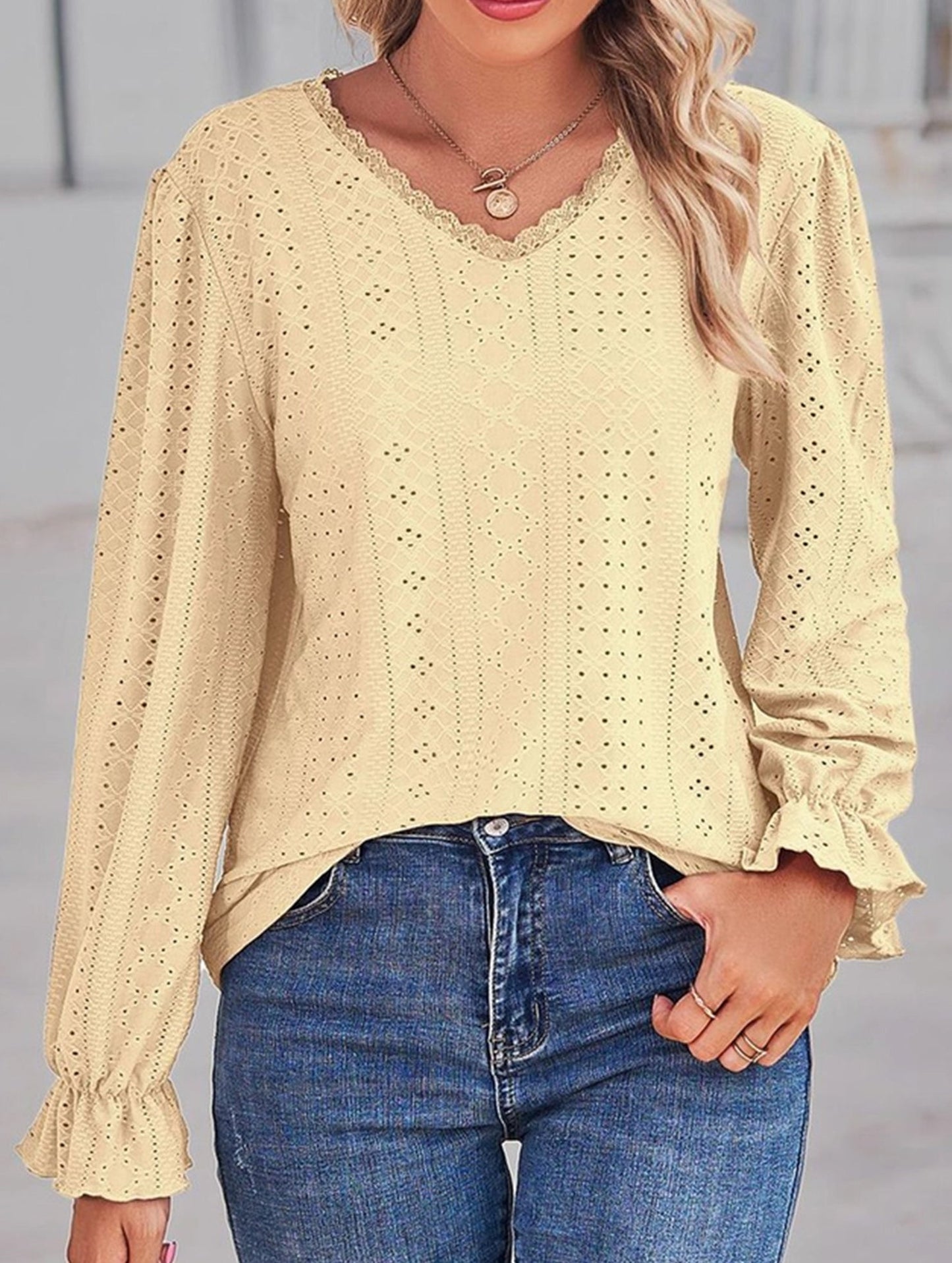 WOMEN LACE TRIM NECK EYELET LONG SLEEVE SHIRT TOP
