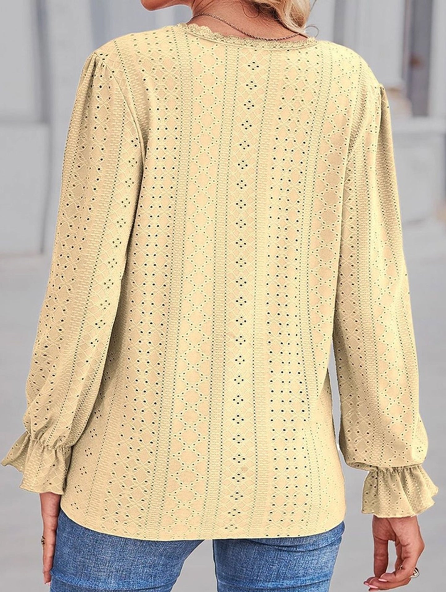WOMEN LACE TRIM NECK EYELET LONG SLEEVE SHIRT TOP