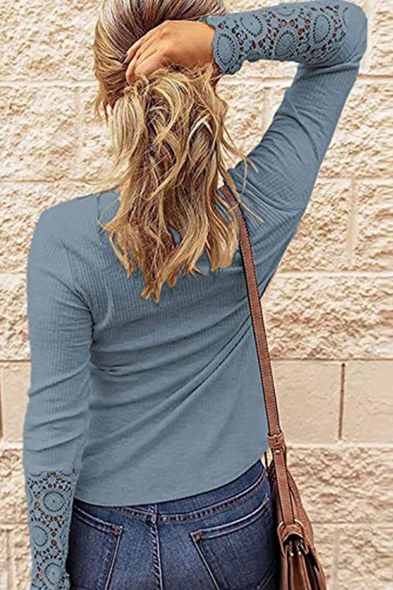 WOMEN LACE CROCHET SLEEVED HALF BUTTON UP TOP
