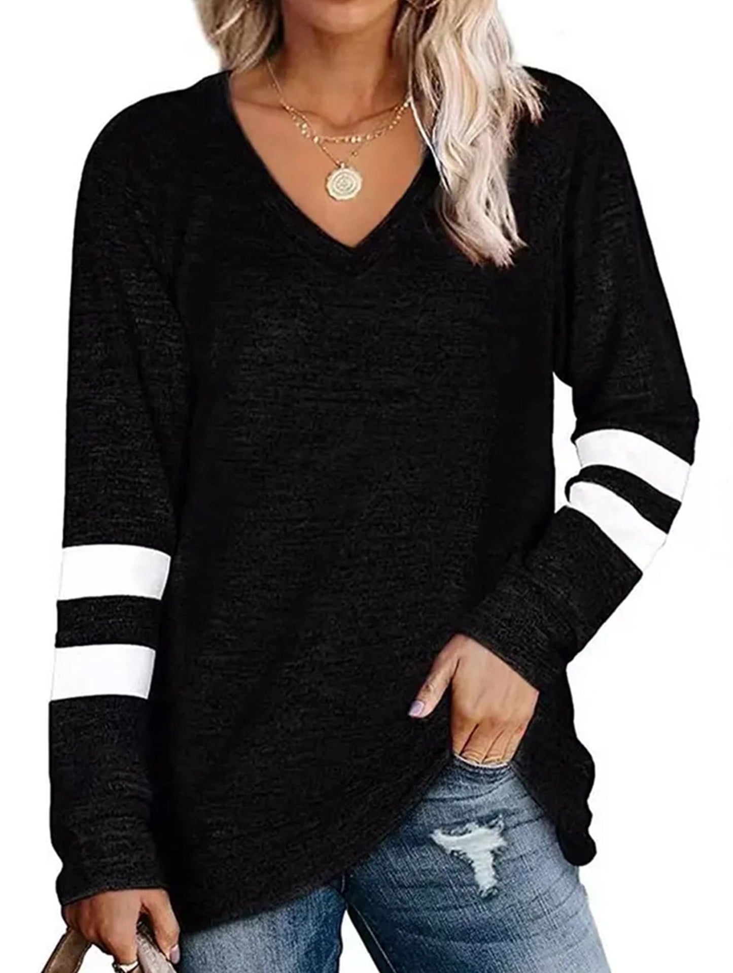 WOMEN OVERSIZED BOYFRIEND V NECK PULLOVER