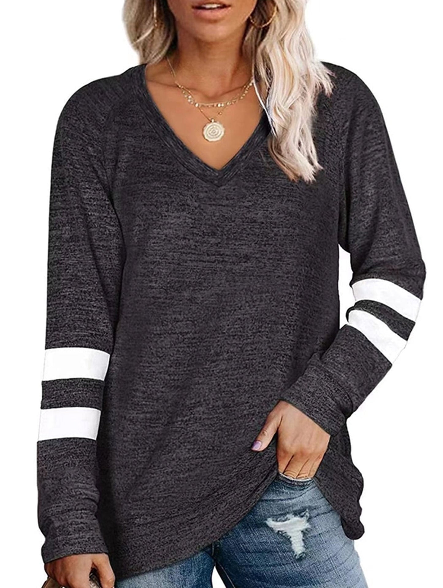WOMEN OVERSIZED BOYFRIEND V NECK PULLOVER