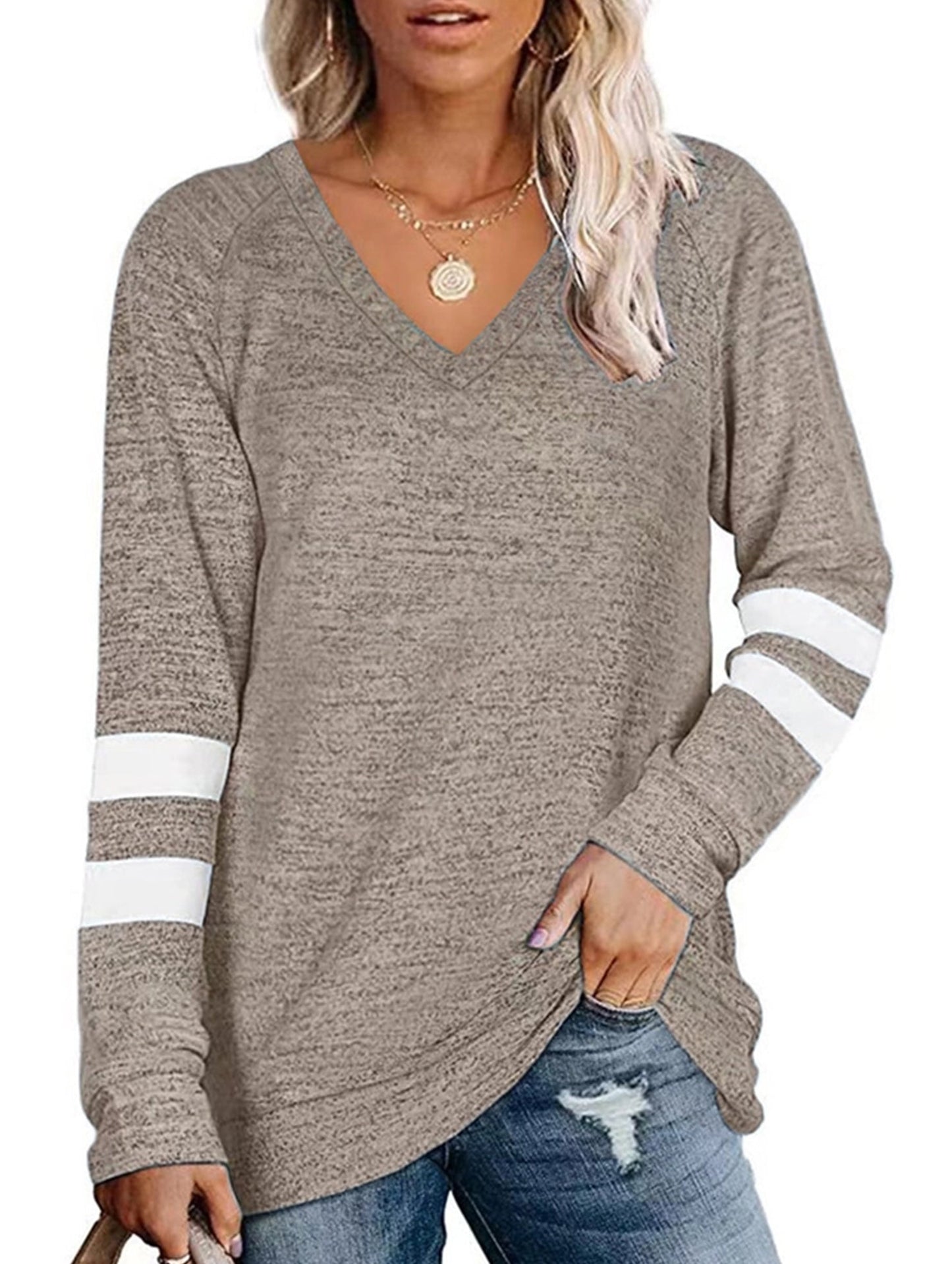 WOMEN OVERSIZED BOYFRIEND V NECK PULLOVER