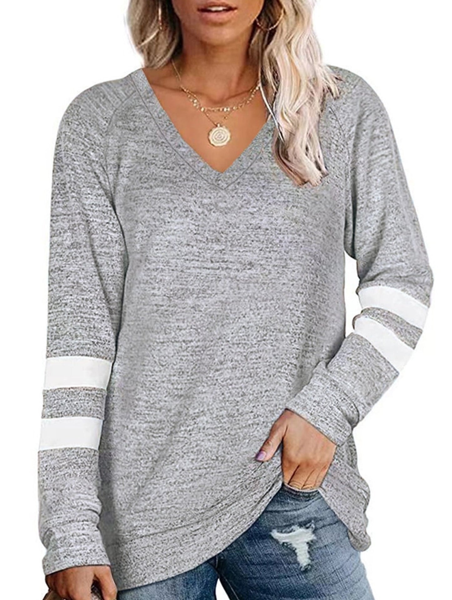 WOMEN OVERSIZED BOYFRIEND V NECK PULLOVER
