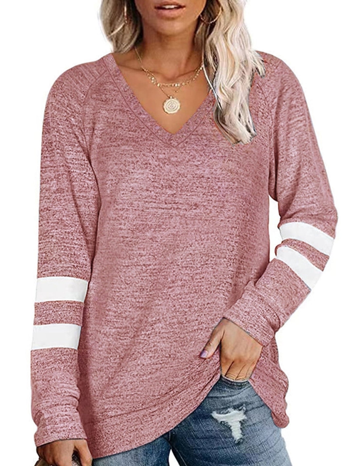 WOMEN OVERSIZED BOYFRIEND V NECK PULLOVER