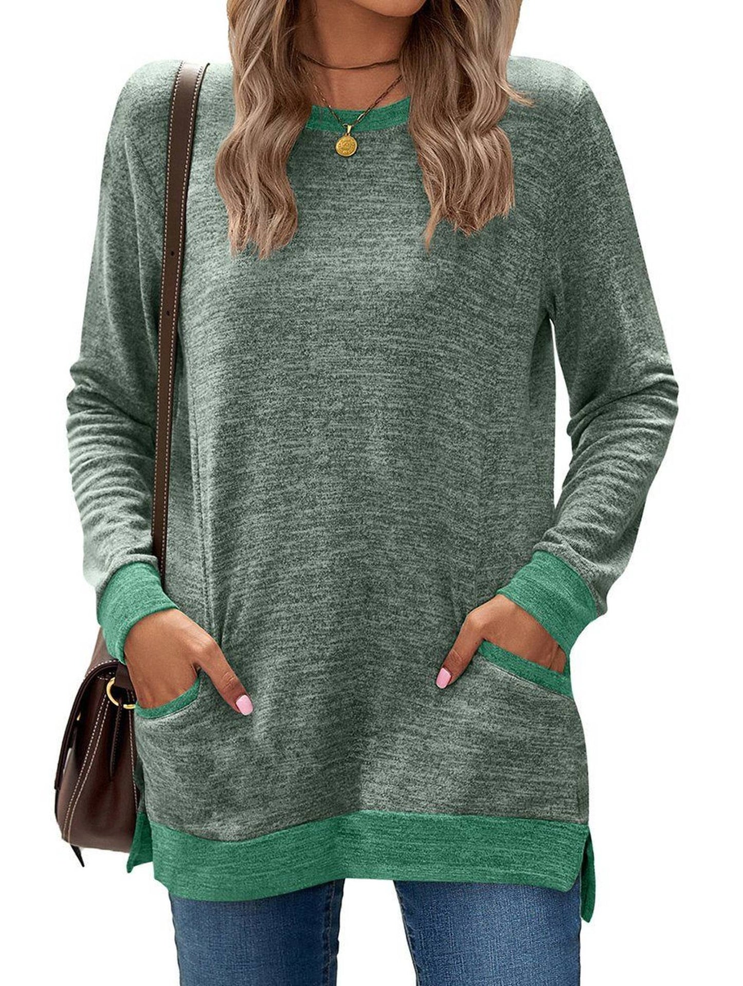 WOMEN ROUND NECK PULLOVER TOP WITH POCKETS