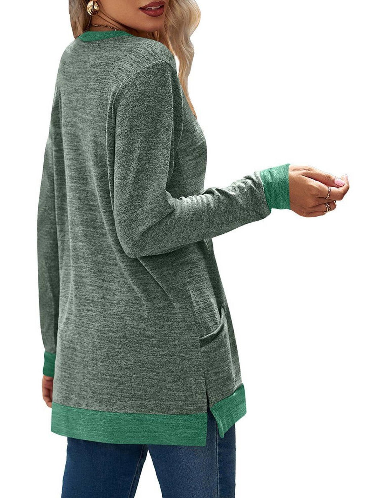WOMEN ROUND NECK PULLOVER TOP WITH POCKETS