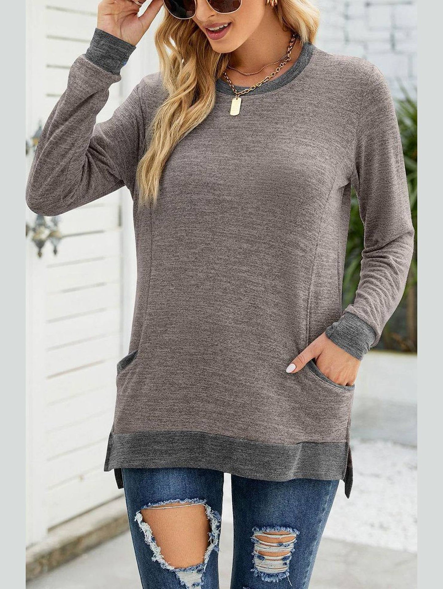 WOMEN ROUND NECK PULLOVER TOP WITH POCKETS
