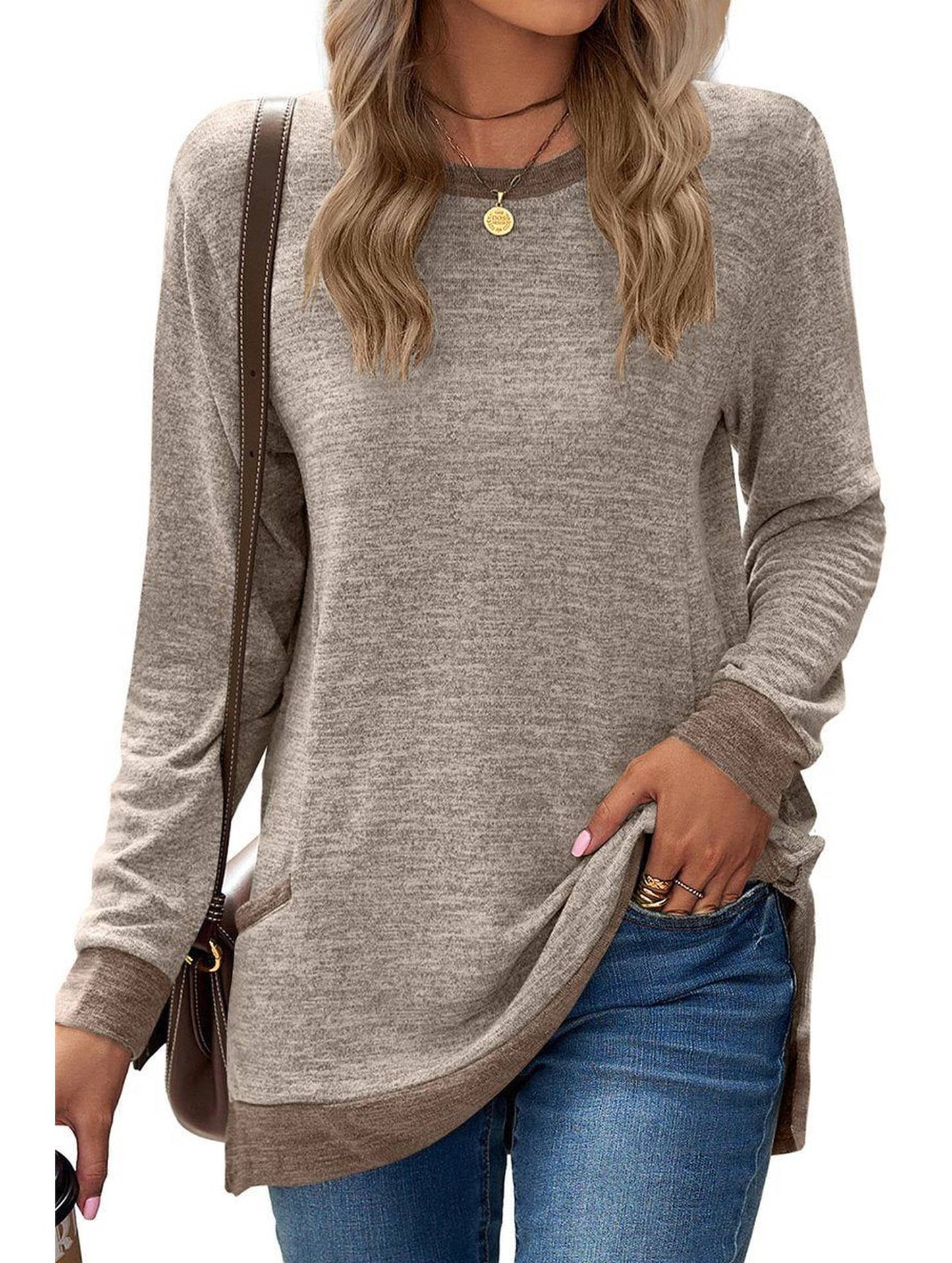 WOMEN ROUND NECK PULLOVER TOP WITH POCKETS