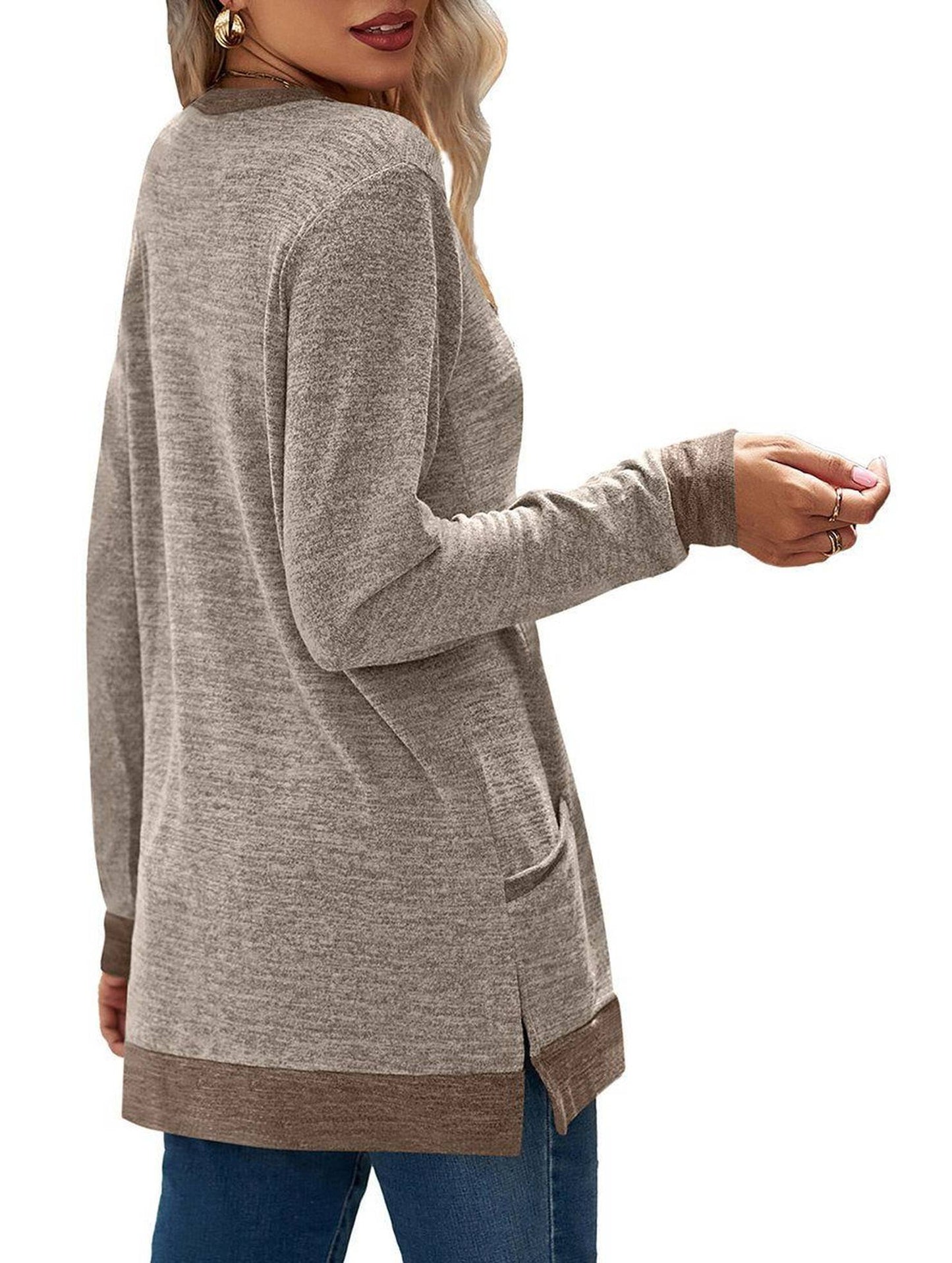 WOMEN ROUND NECK PULLOVER TOP WITH POCKETS