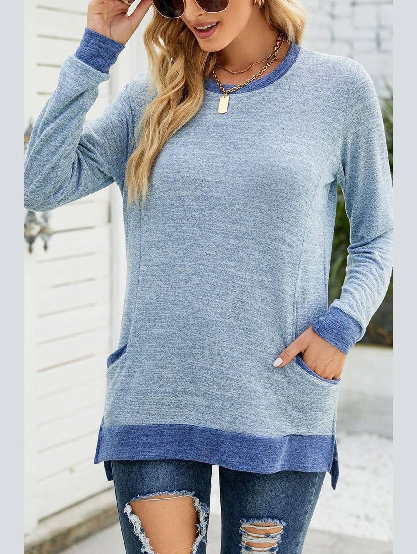 WOMEN ROUND NECK PULLOVER TOP WITH POCKETS