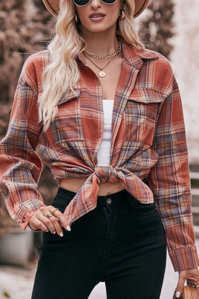 WOMEN PLAID PATTERN FRONT TIED BUTTON UP SHIRTS