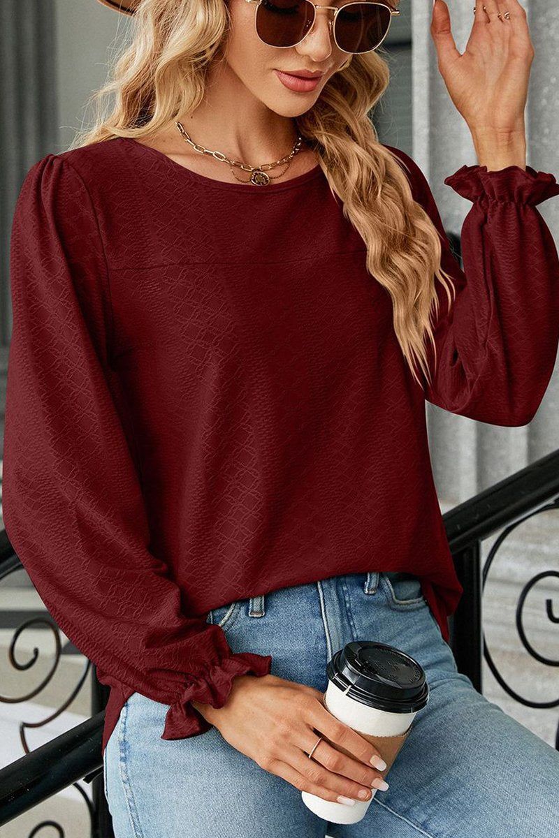 WOMEN ROUND NECK RUFFLED SLEEVE BLOUSE TOP