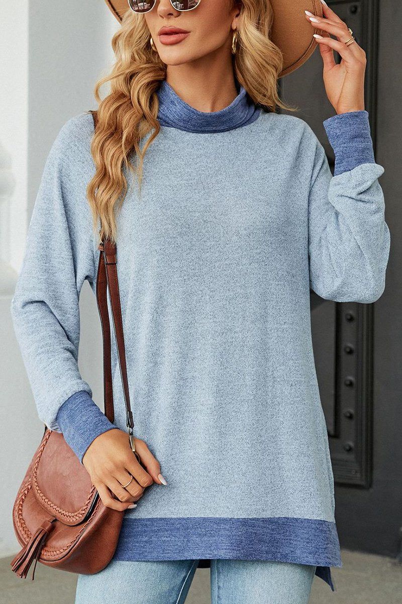 WOMEN HIGH NECK SIDE SLIT OVERSIZED PULLOVER