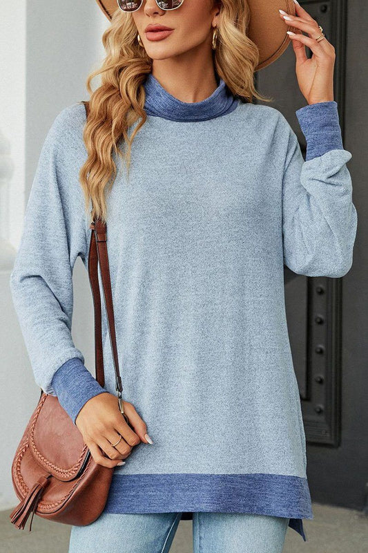 WOMEN HIGH NECK SIDE SLIT OVERSIZED PULLOVER