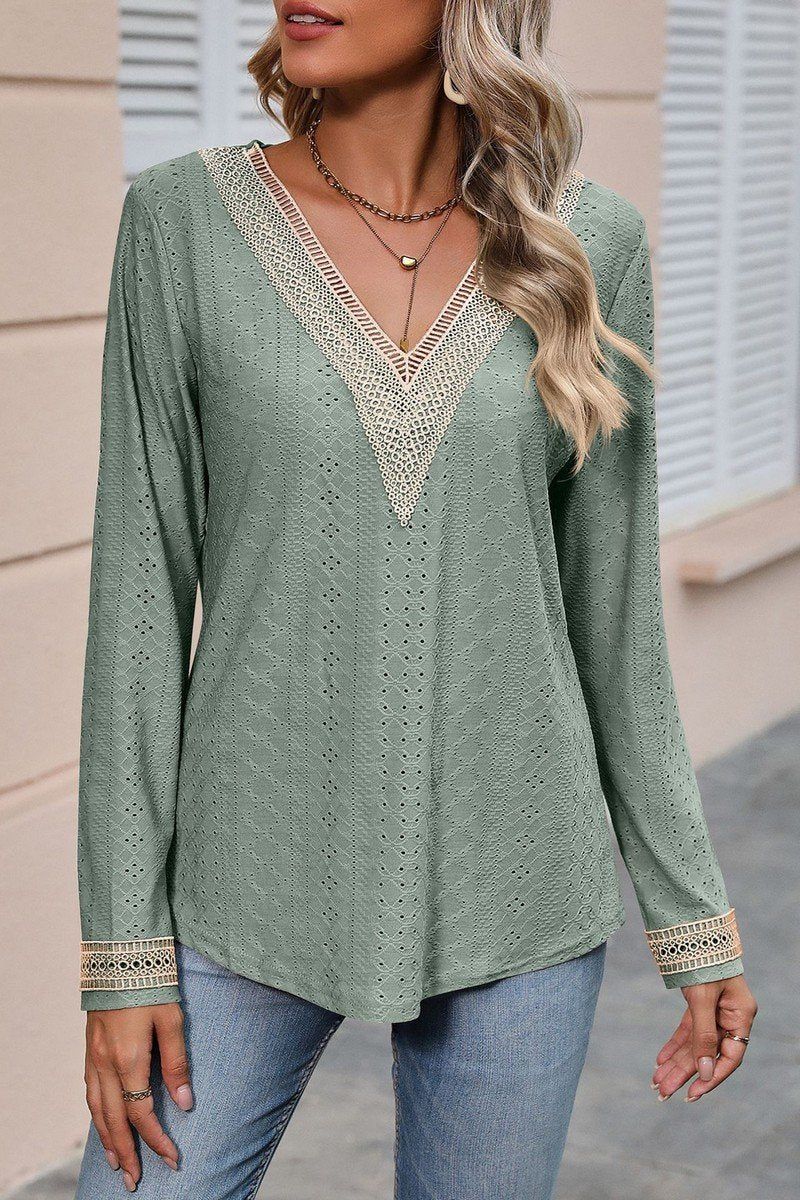 WOMENS V NECK GUIPURE LACE TRIM CASUAL BLOUSE TOP