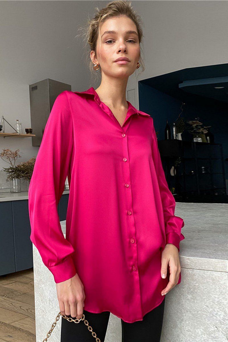 WOMEN LONG SLEEVED SATIN BUTTON UP SHIRTS