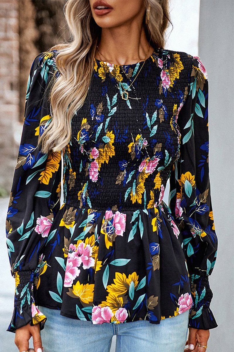 WOMEN SMOCKED FLORAL PRINTING TUNIC BLOUSE
