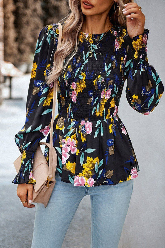WOMEN SMOCKED FLORAL PRINTING TUNIC BLOUSE
