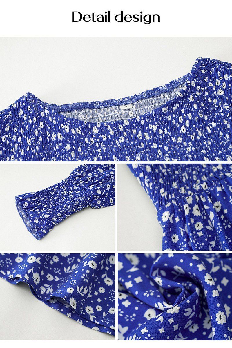 WOMEN SMOCKED FLORAL PRINTING TUNIC BLOUSE