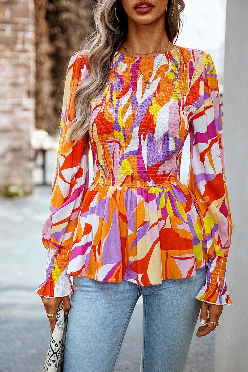 WOMEN SMOCKED FLORAL PRINTING TUNIC BLOUSE